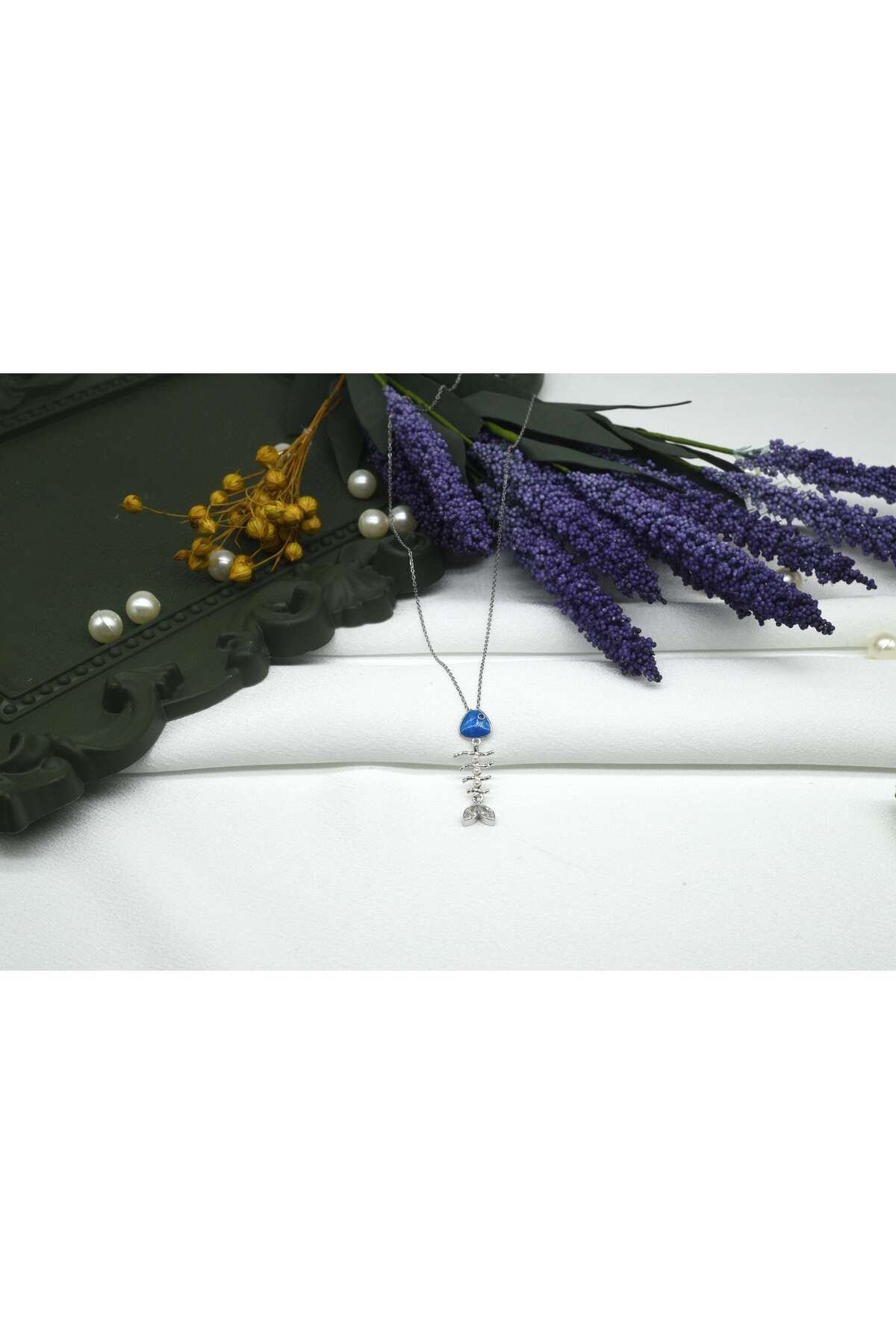 Ocean Silver & Jewelry Kristal Kuvars Taşlı Mine Kılçık Balık Gümüş Kolye