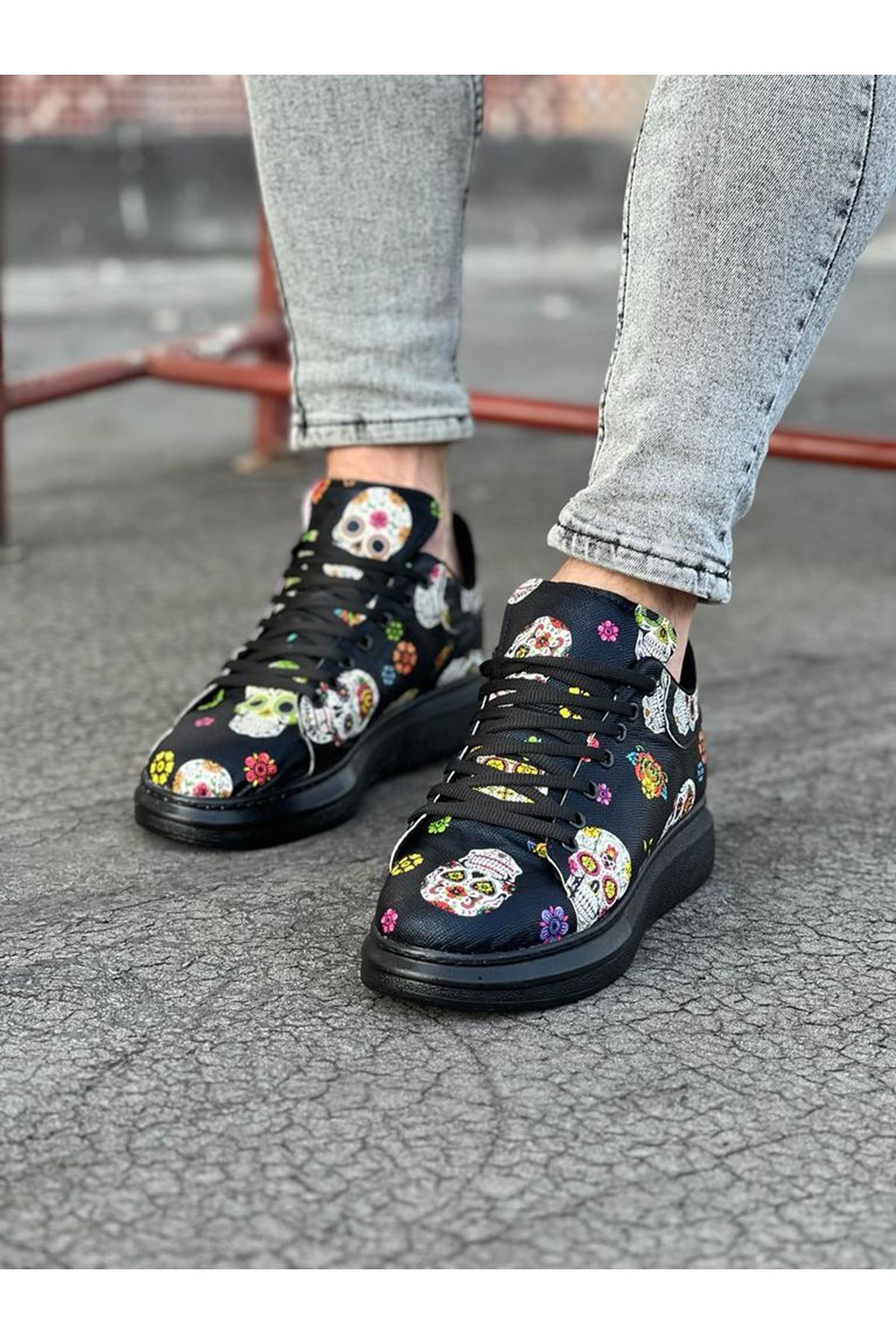 Fashi10 WG501 Siyah Desenli Kuru Kafa Boyalı Erkek Casual Ayakkabı