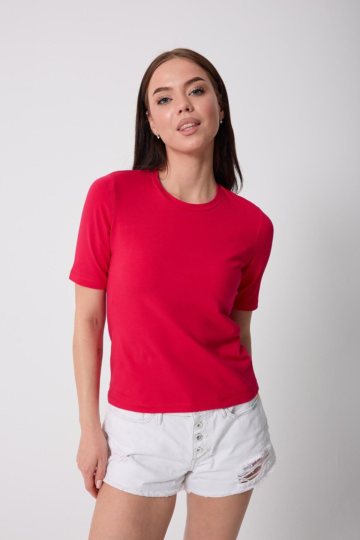 AMİDA Kadın Bordo Likralı Yarım Kollu Basic T-shirt - 2524