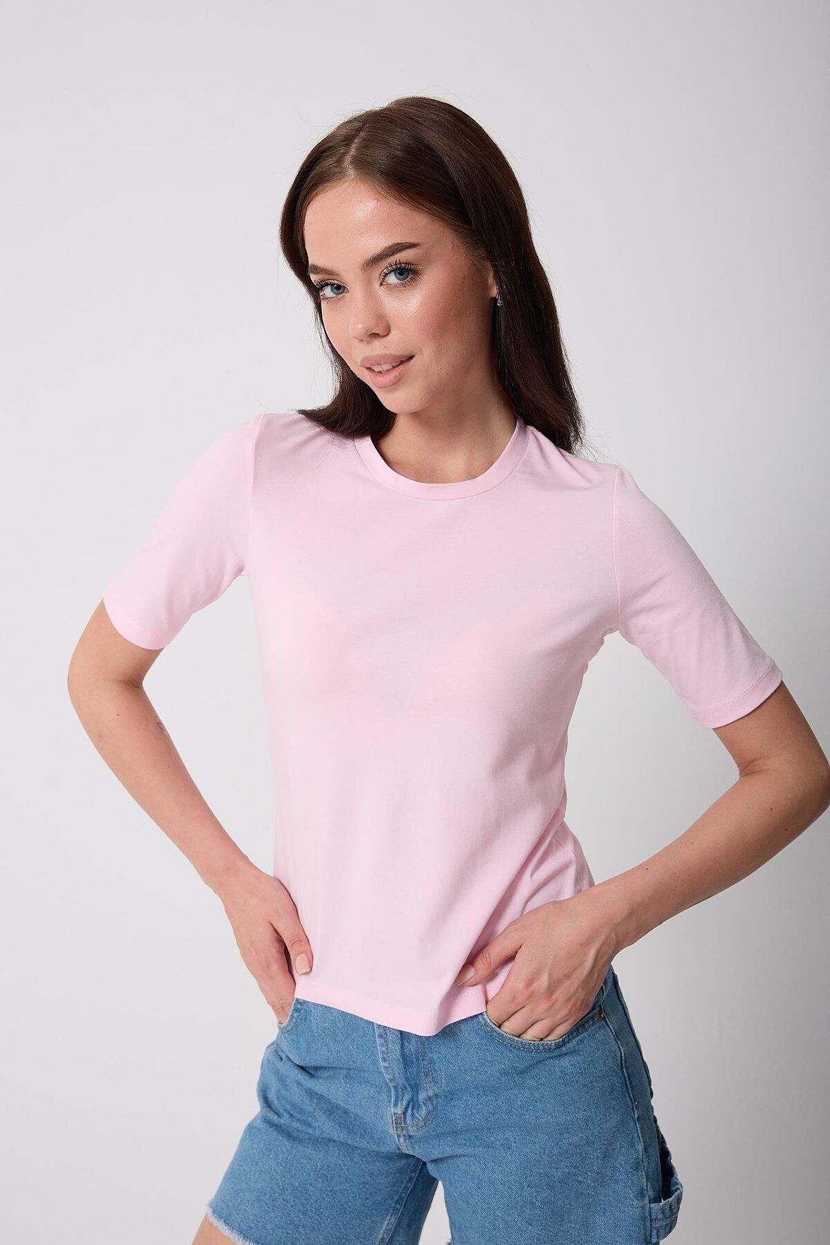 AMİDA Kadın Pudra Pembe Likralı Yarım Kollu Basic T-shirt - 2524