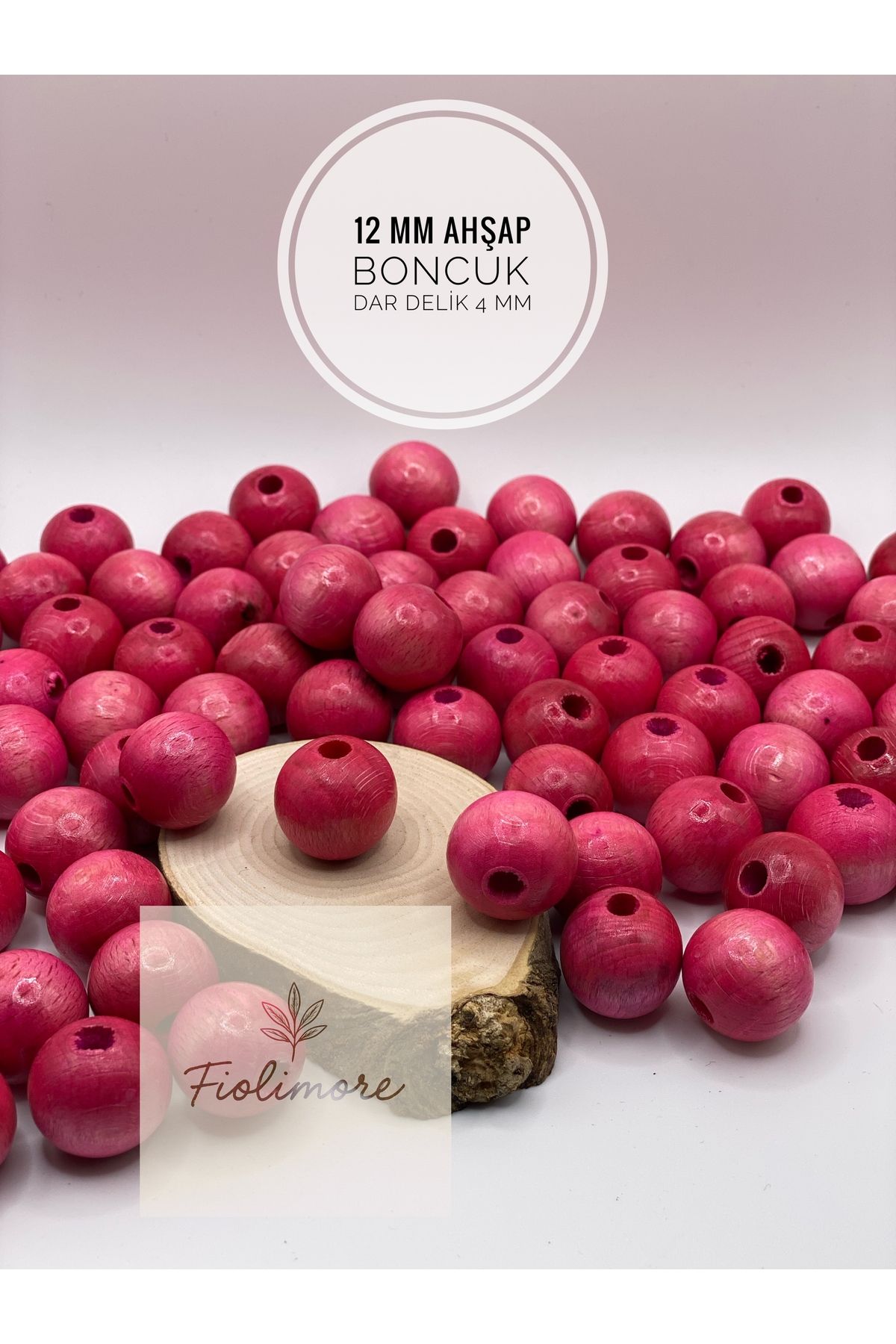 Fiolimore 12 mm Pembe Ahşap Boncuk (50 Gram 95 Adet) Delik Çapı 4 mm Yuvarlak Dar Delik Renkli Tahta