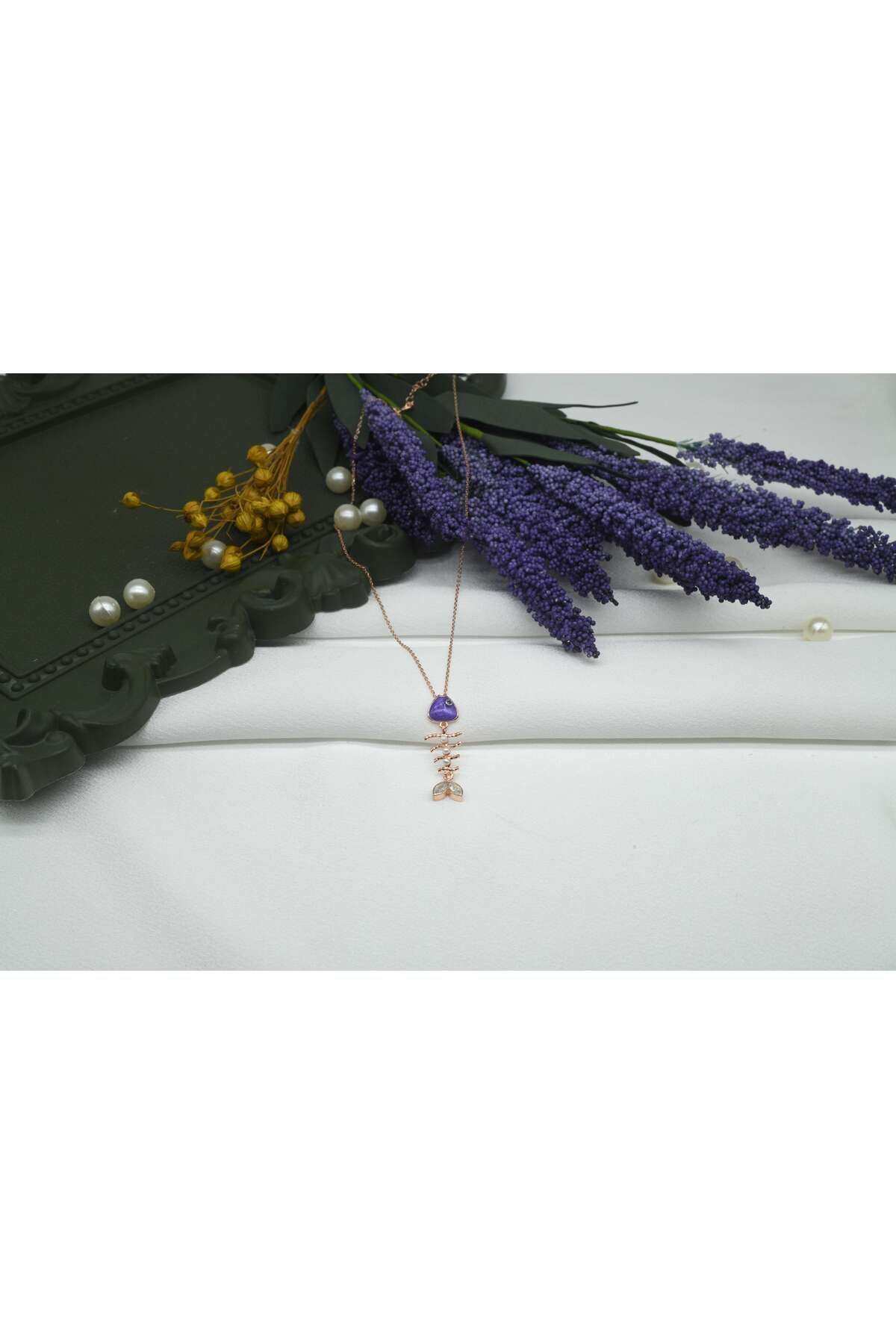 Ocean Silver & Jewelry Kristal Kuvars Taşlı Mine Kılçık Balık Gümüş Kolye