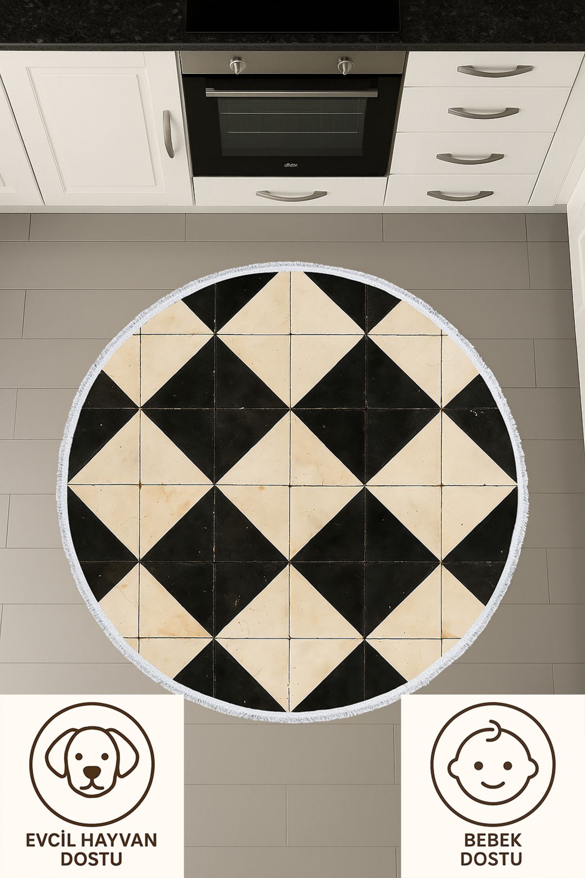 TNYLOF Yuvarlak Halı – Siyah Krem Geometrik Desenli Halı | Modern Minimal Kilim