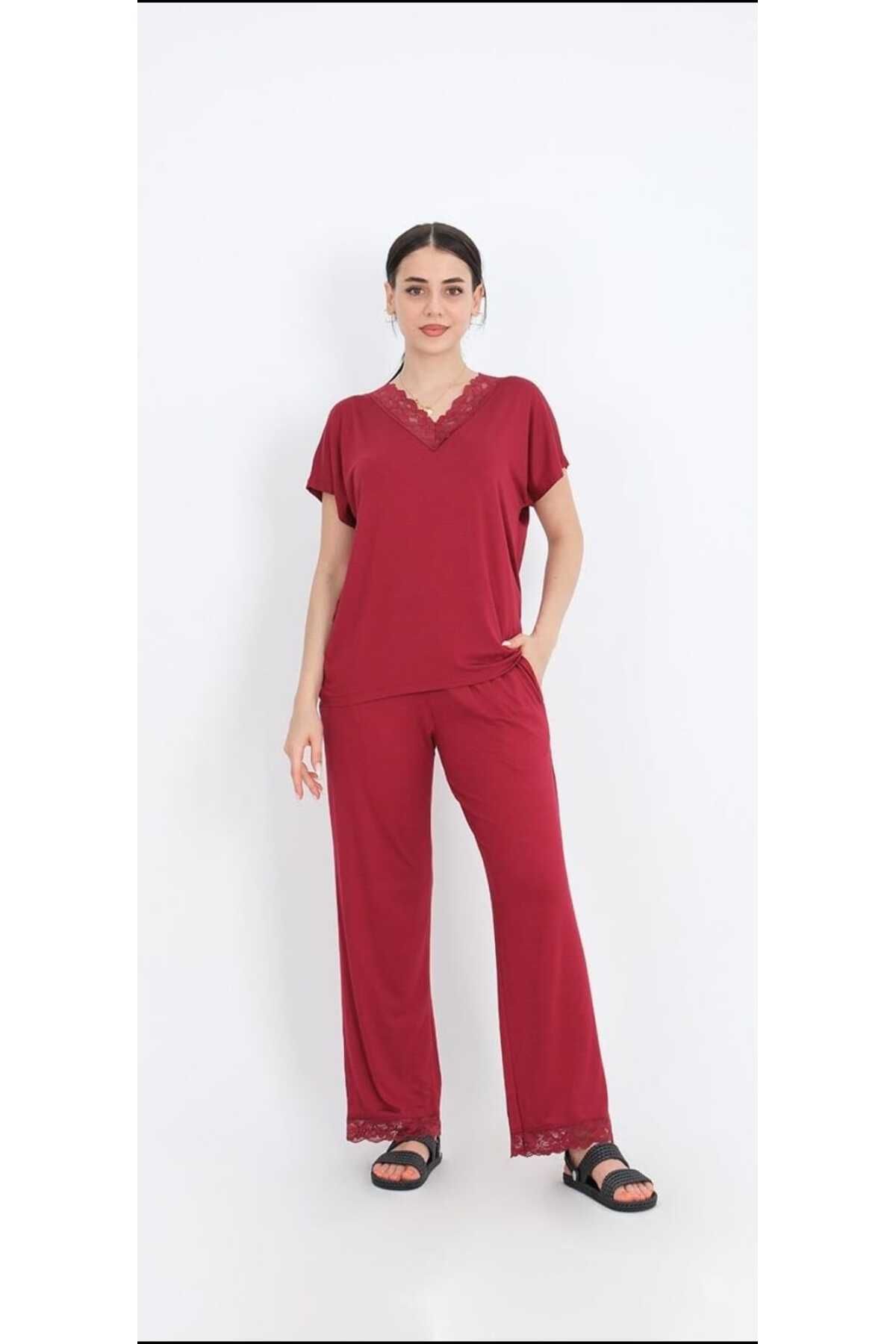 DST FASHİON KADIN DANTEL V YAKALI PİJAMA TAKIMI