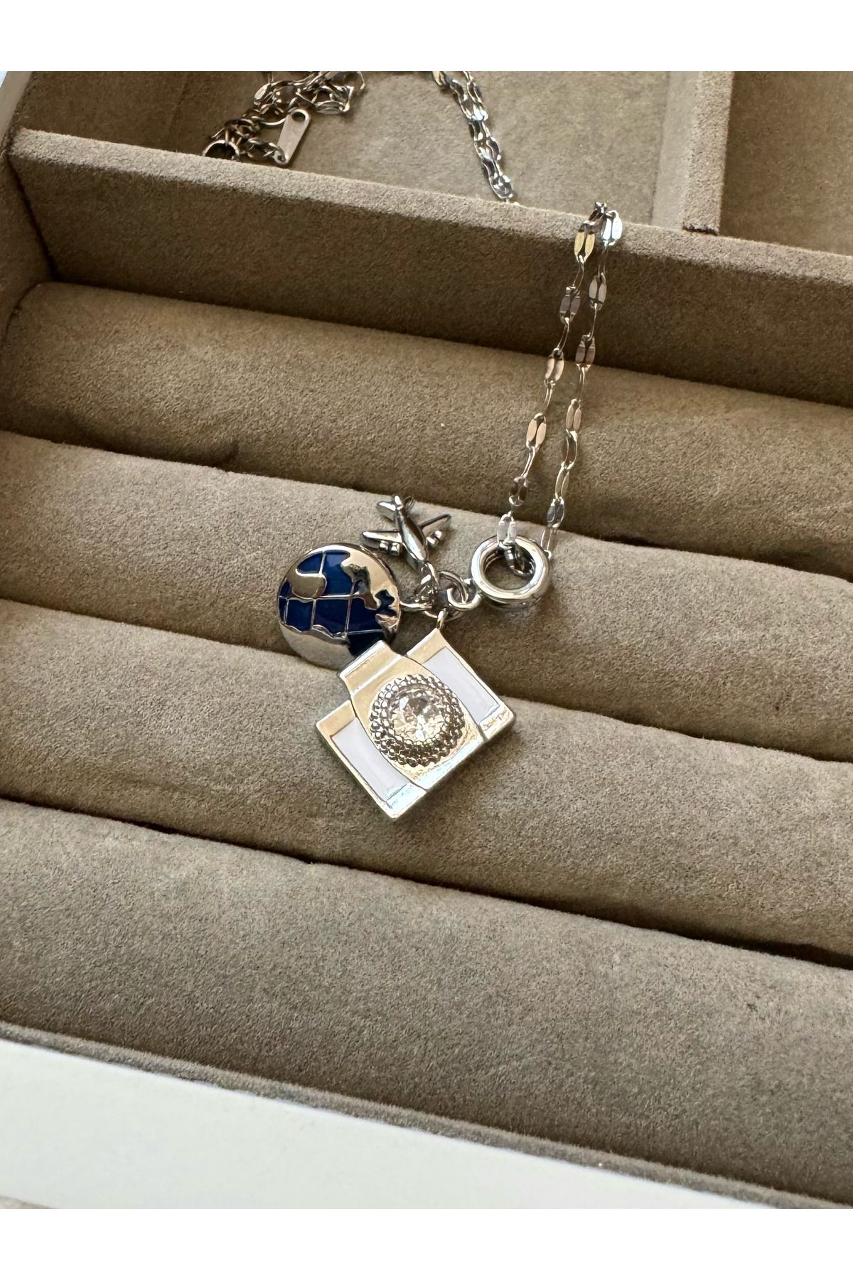 Kairon Accessories Paslanmaz Çelik Uçak Dünya Fotoğraf Makinası Charm Kolye