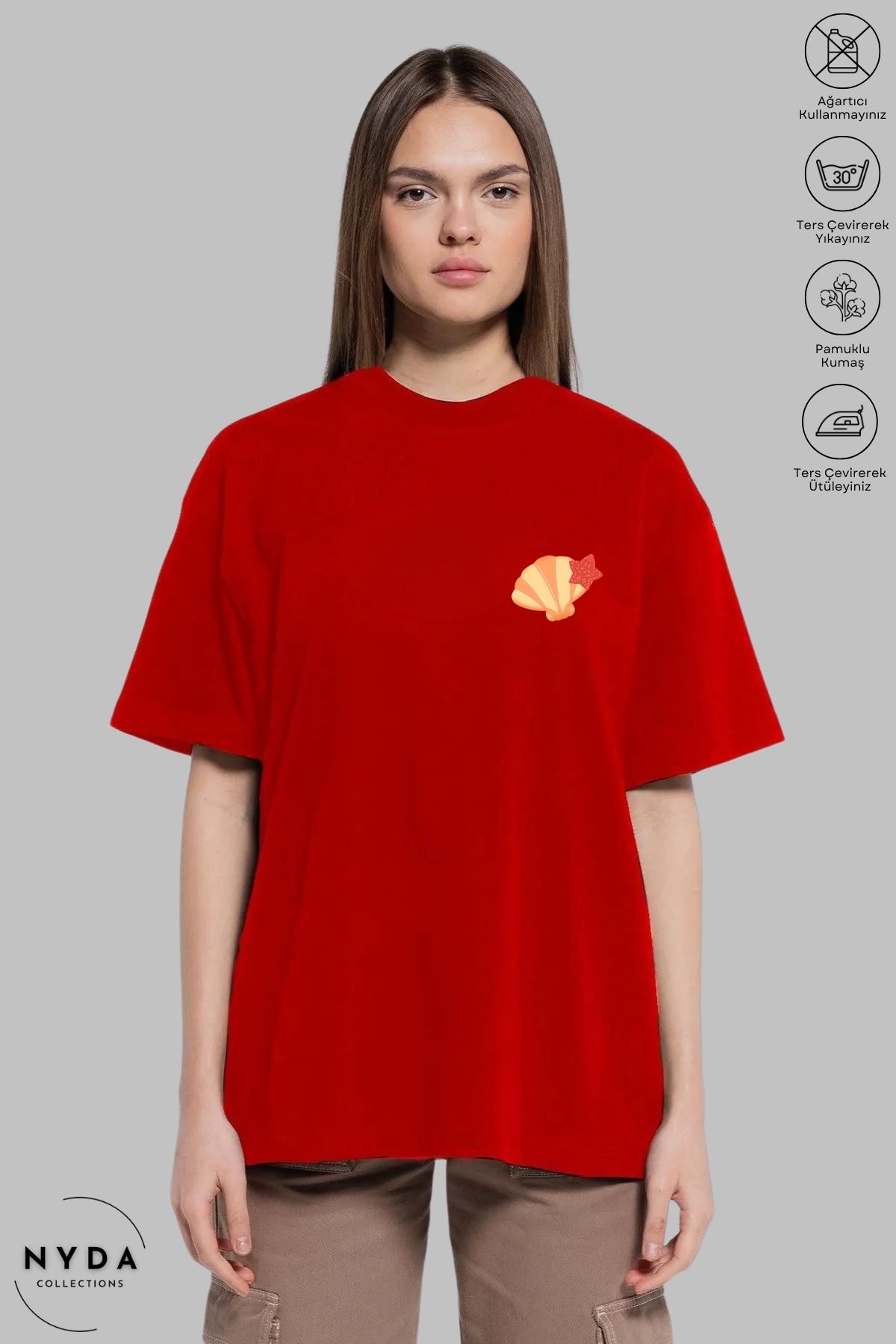Nyda Collections Kadın Bisiklet Yaka Deniz Kabuğu Baskılı Pamuk Oversize Kısa Kollu Tişört