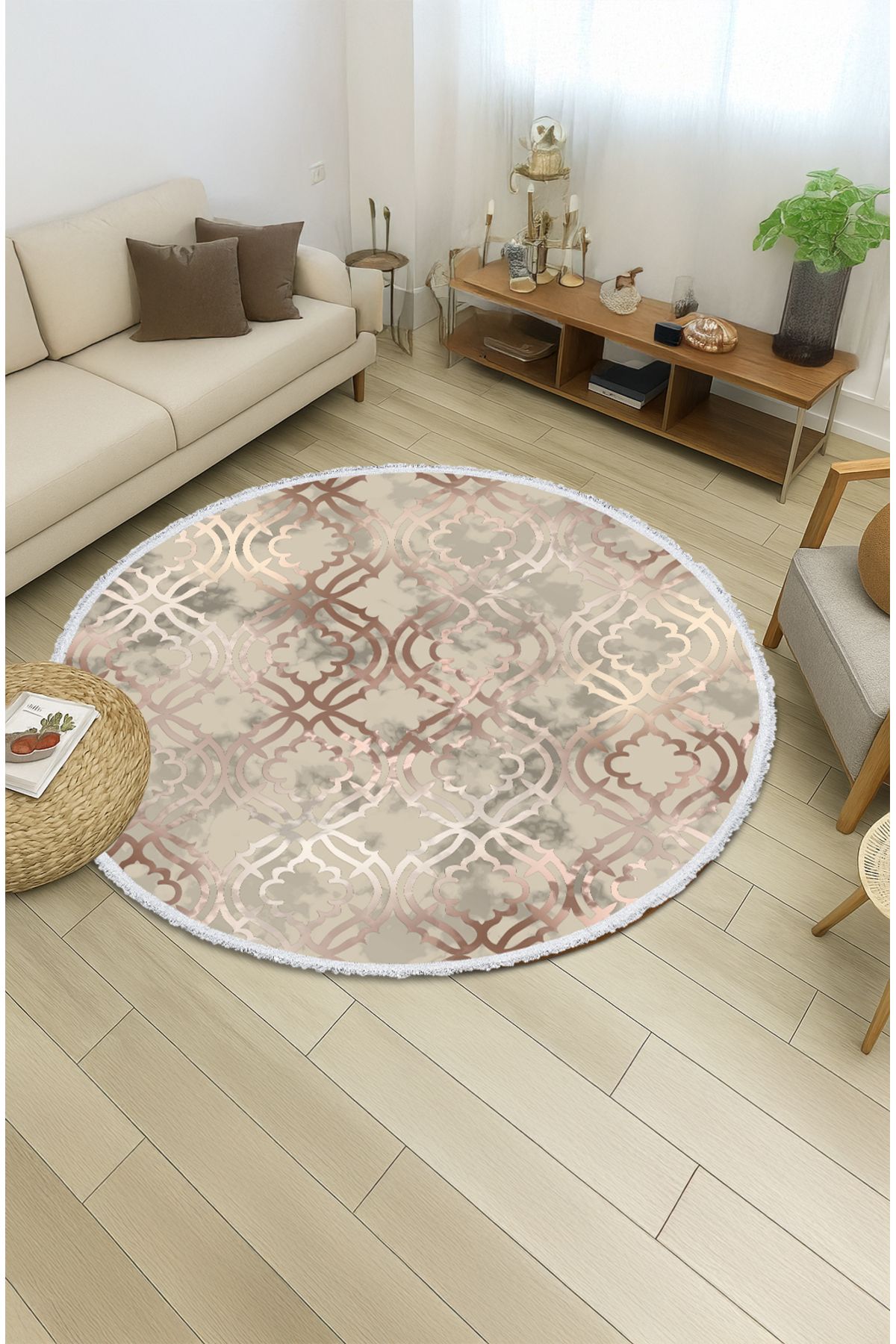 TNYLOF Yuvarlak Halı – Bej Tonlarda Geometrik Desen | Kaymaz Tabanlı Pamuk Dokulu Halı