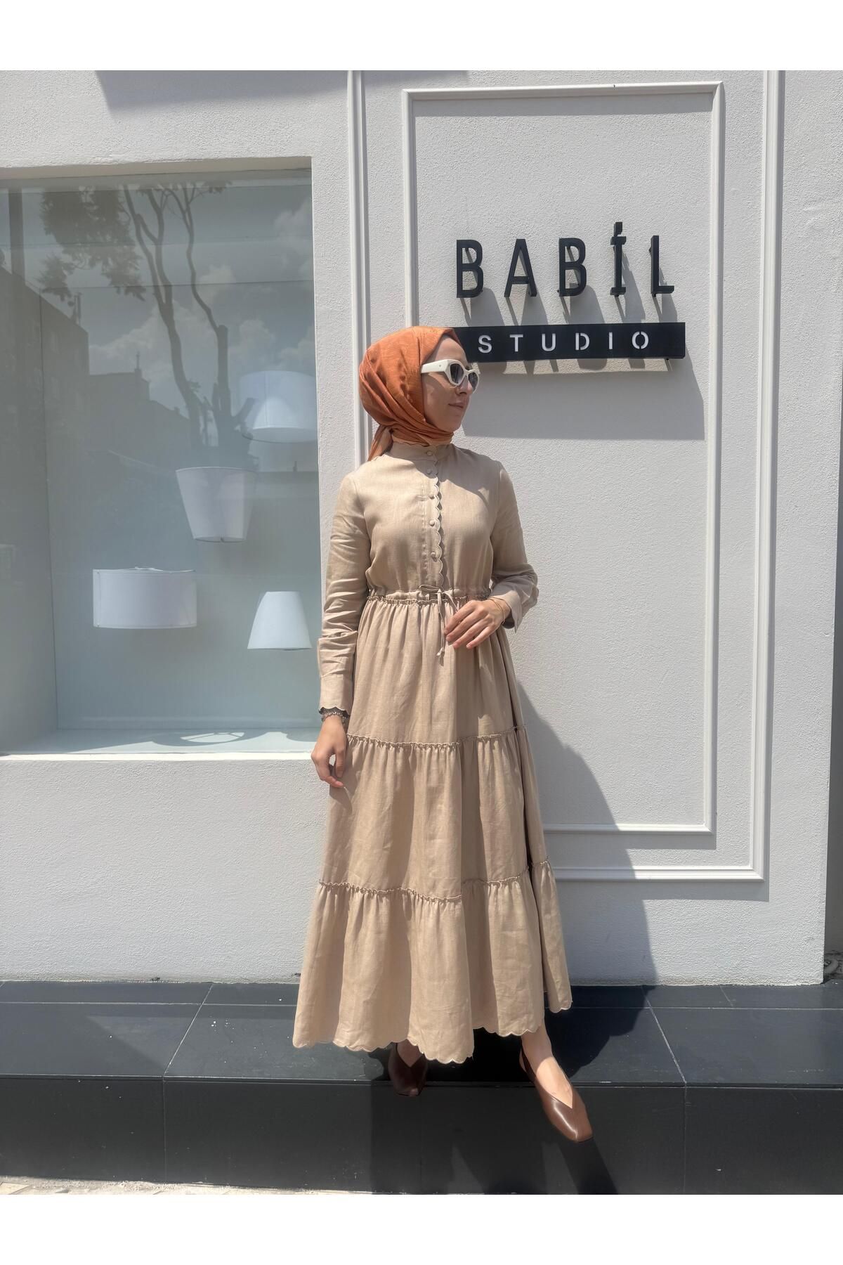 TERZİ DÜKKANI TD3577 Keten Dilim Detaylı Kadın Elbise Camel