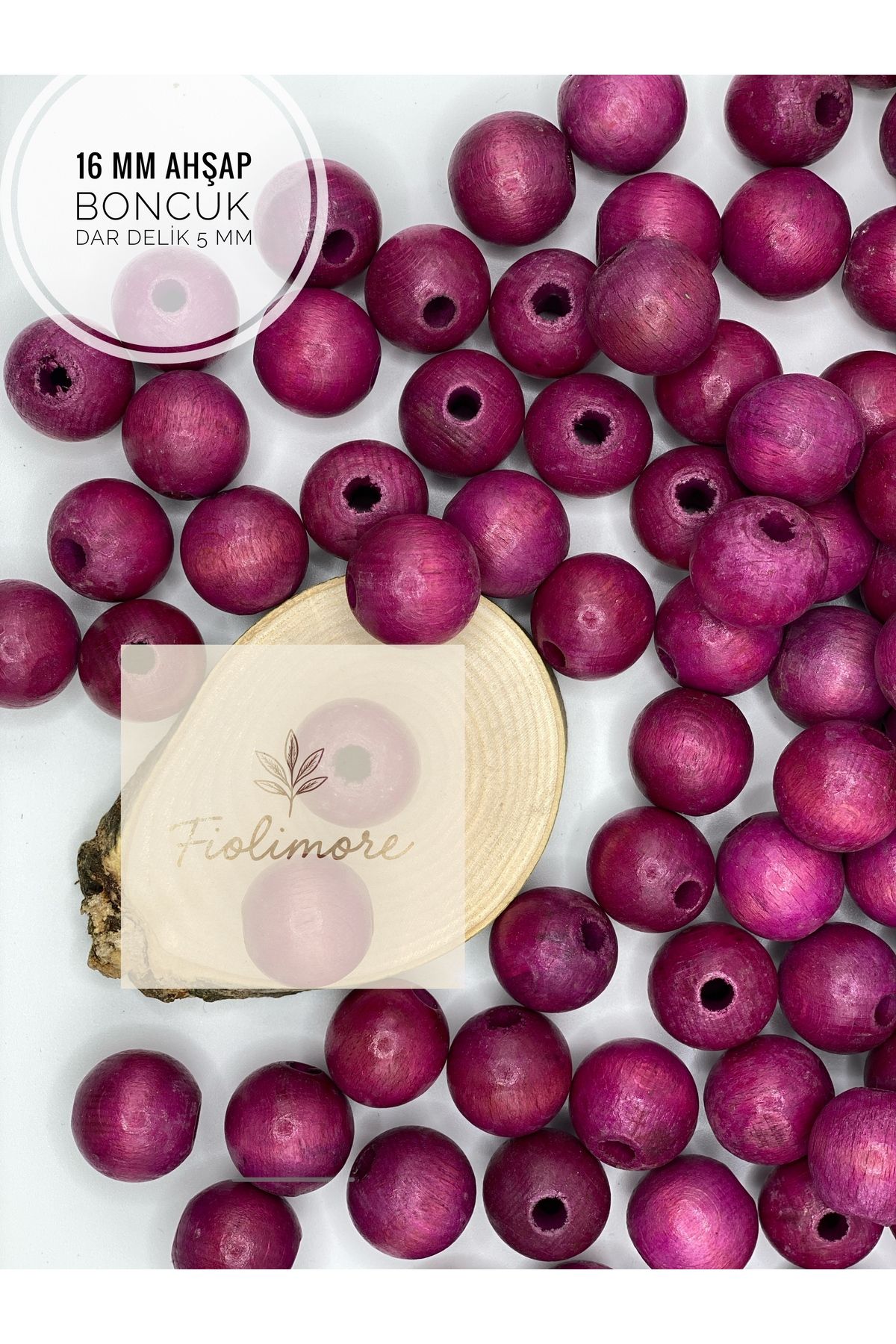 Fiolimore 16 mm Fuşya Pembe Ahşap Boncuk (50 Gram 35 Adet) Delik Çapı 5 mm Yuvarlak Dar Delik Renkli Tahta