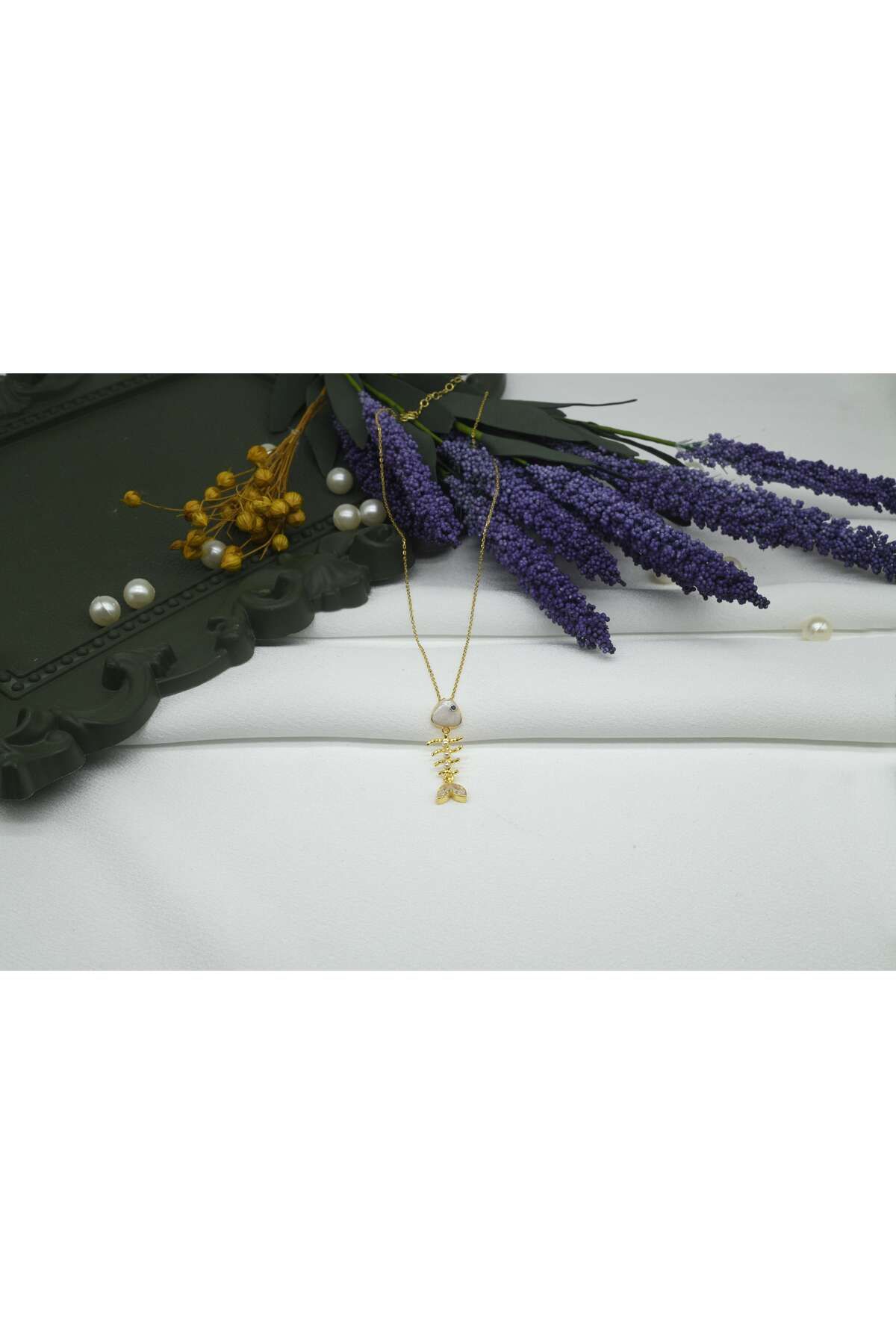 Ocean Silver & Jewelry Kristal Kuvars Taşlı Mine Kılçık Balık Gümüş Kolye