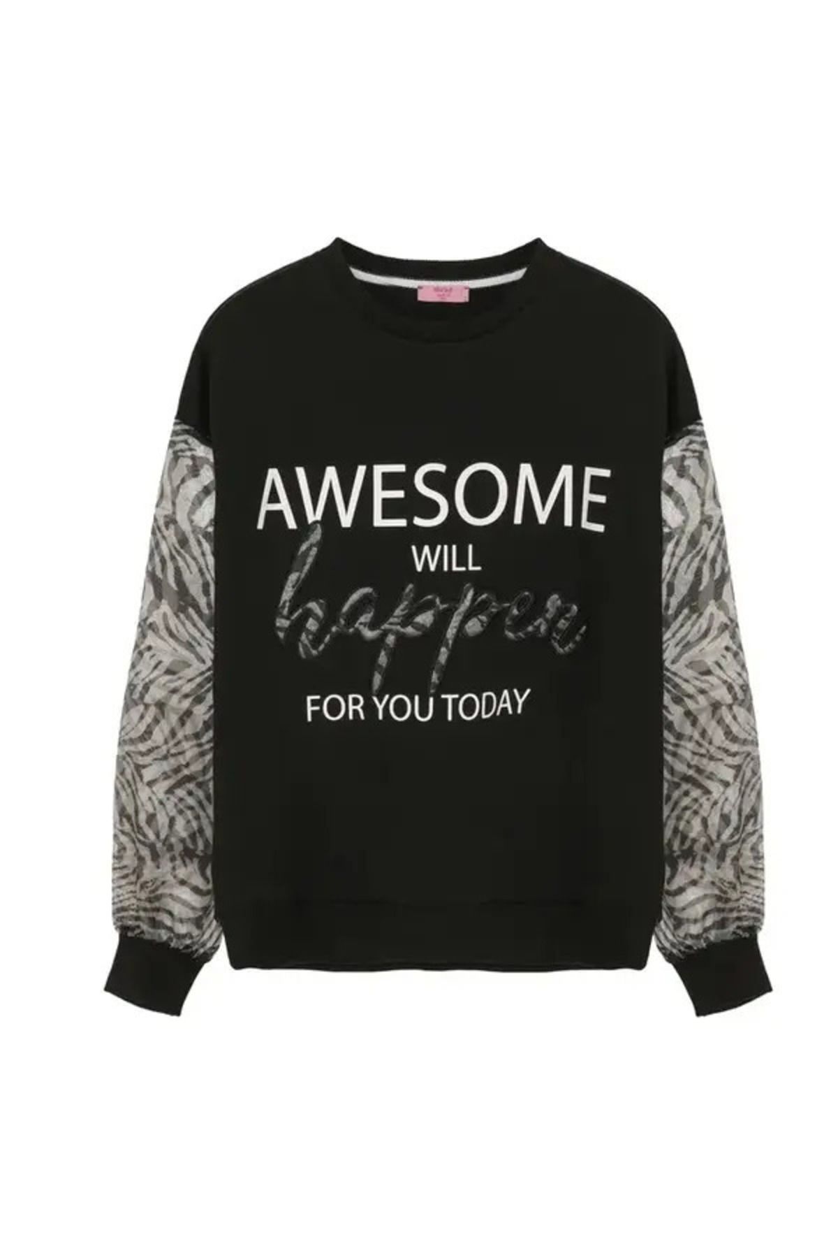 bubeny Kolu Zebralı Yazı Baskılı Sweatshirt Siyah