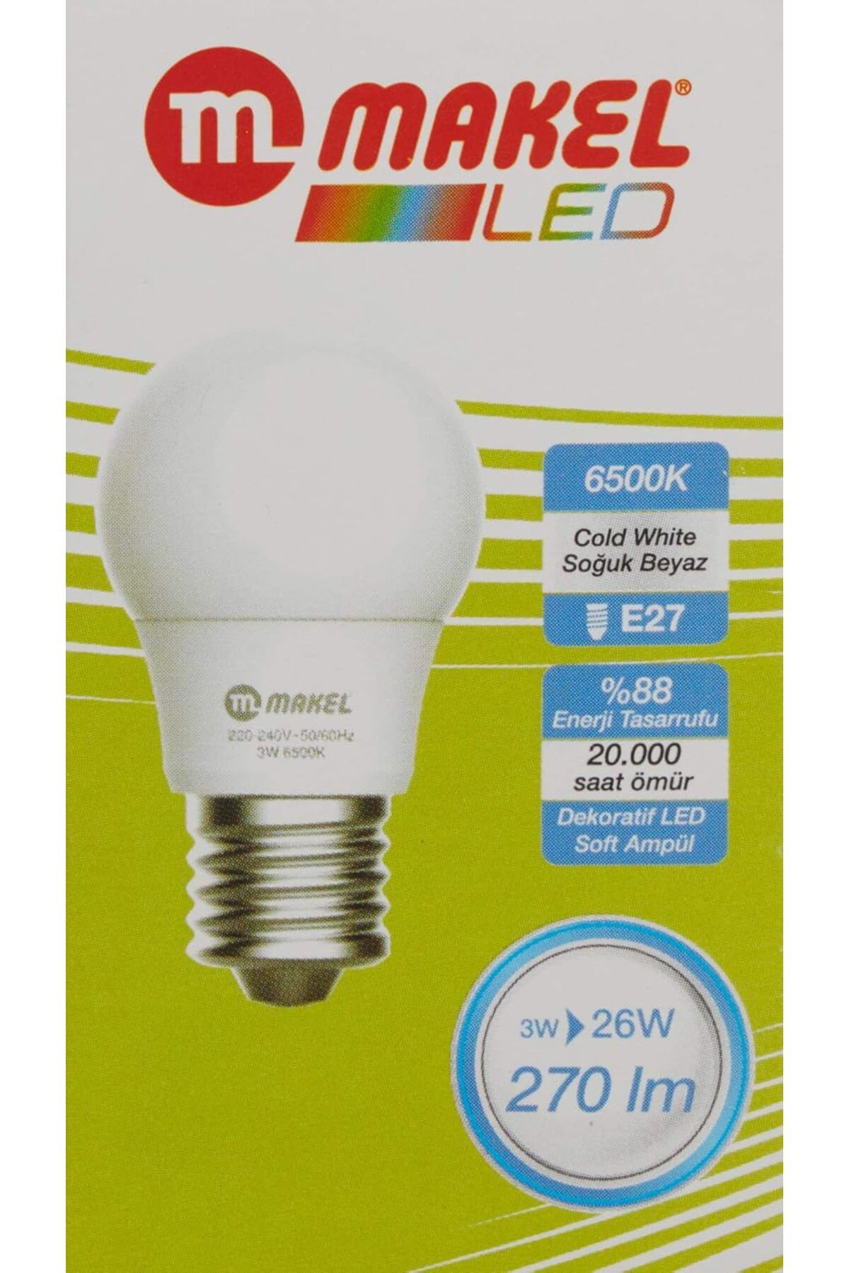 MAKEL Led Ampul, 3 W, 6500 K, Soğuk Beyaz