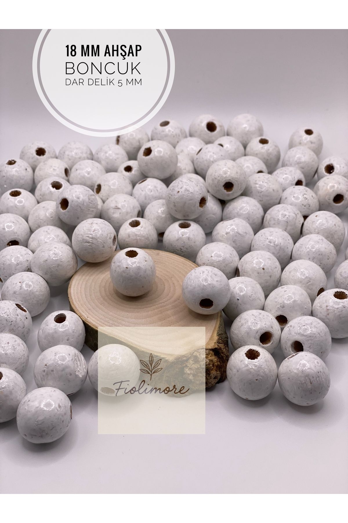 Fiolimore 18 mm Beyaz Ahşap Boncuk (50 Gram 25 Adet) Delik Çapı 5 mm Yuvarlak Dar Delik Renkli Tahta