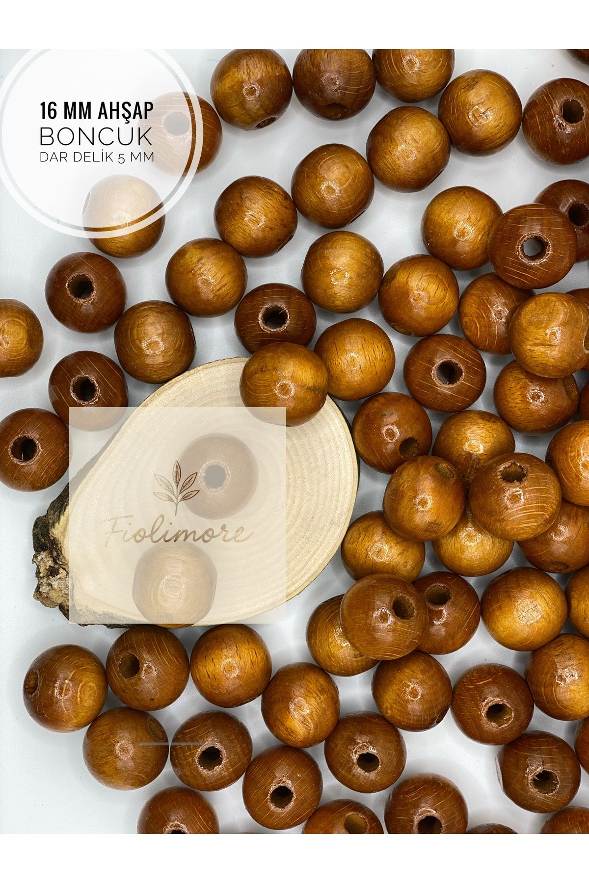 Fiolimore 16 mm Taba Rengi Ahşap Boncuk (50 Gram 35 Adet) Delik Çapı 5 mm Yuvarlak Dar Delik Renkli Tahta