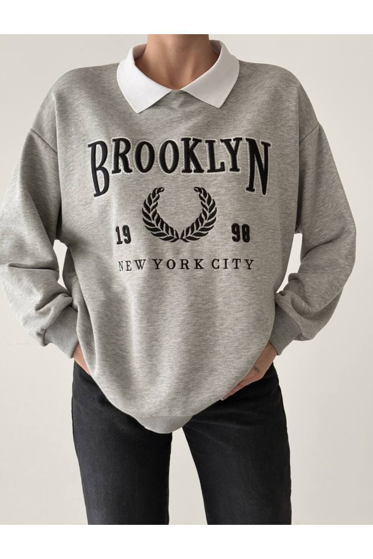 bubeny Nakışlı Bebe Yaka Sweatshirt Gri