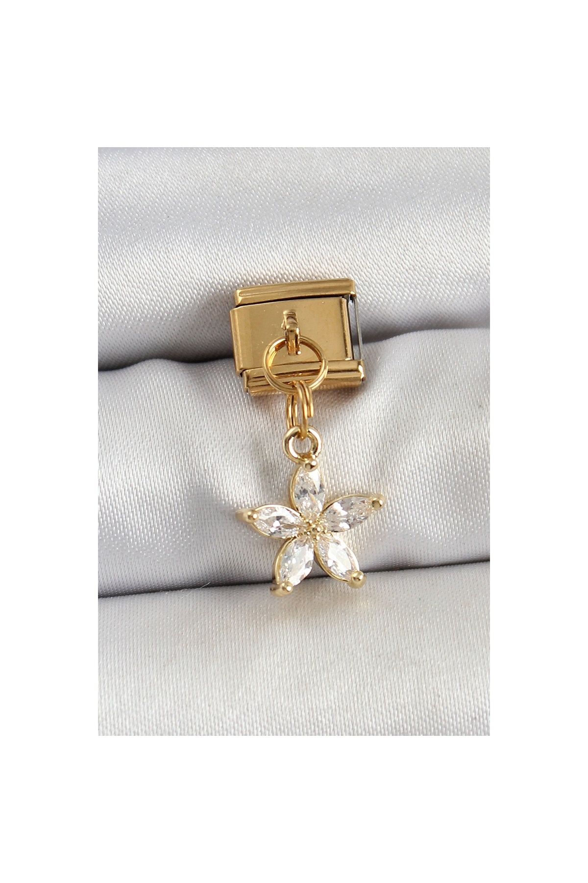 Ayder Timya 316l Çelik Sallantılı Zirkon Taşlı Çiçek Model Gold Renk Nomination Charm - Tj-bc1429