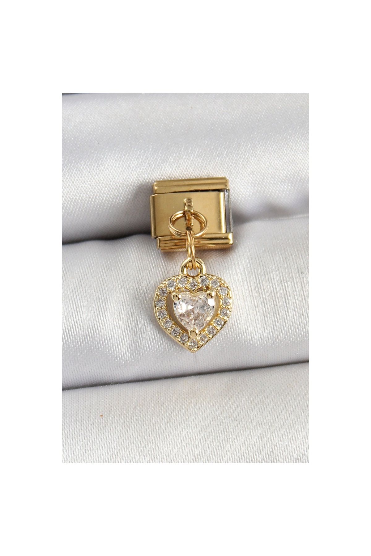 Ayder Timya 316l Çelik Sallantılı Zirkon Taşlı Kalp Model Gold Renk Nomination Charm - Tj-bc1442