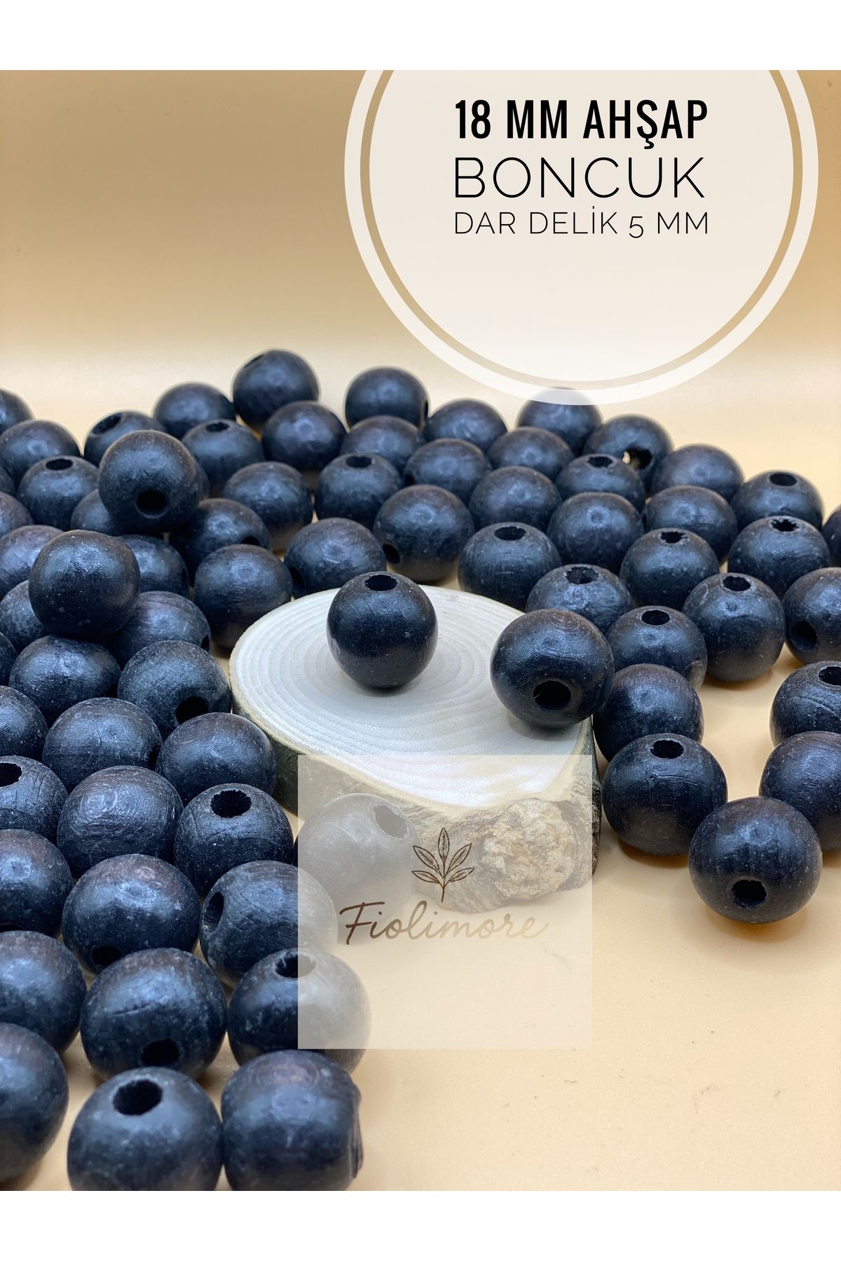 Fiolimore 18 mm Siyah Ahşap Boncuk (50 Gram 25 Adet) Delik Çapı 5 mm Yuvarlak Dar Delik Renkli Tahta
