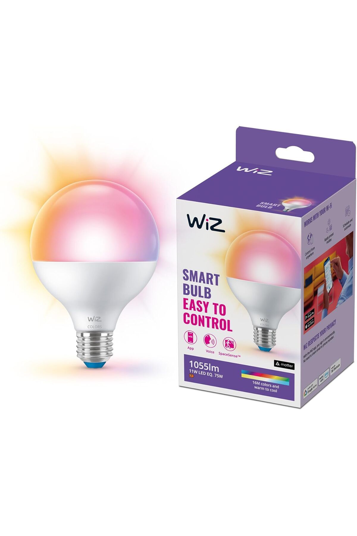 Wiz3D WiZ Signify Beyaz ve Renkli 11W E27 Küre Şeklinde Ayarlanabilir Buzlu Tekli Paket