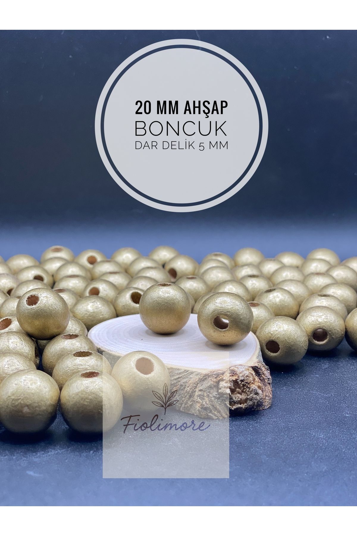 Fiolimore 20 mm Altın Sarı Ahşap Boncuk (50 Gram 18 Adet) Delik Çapı 5 mm Yuvarlak Dar Delik Renkli Tahta