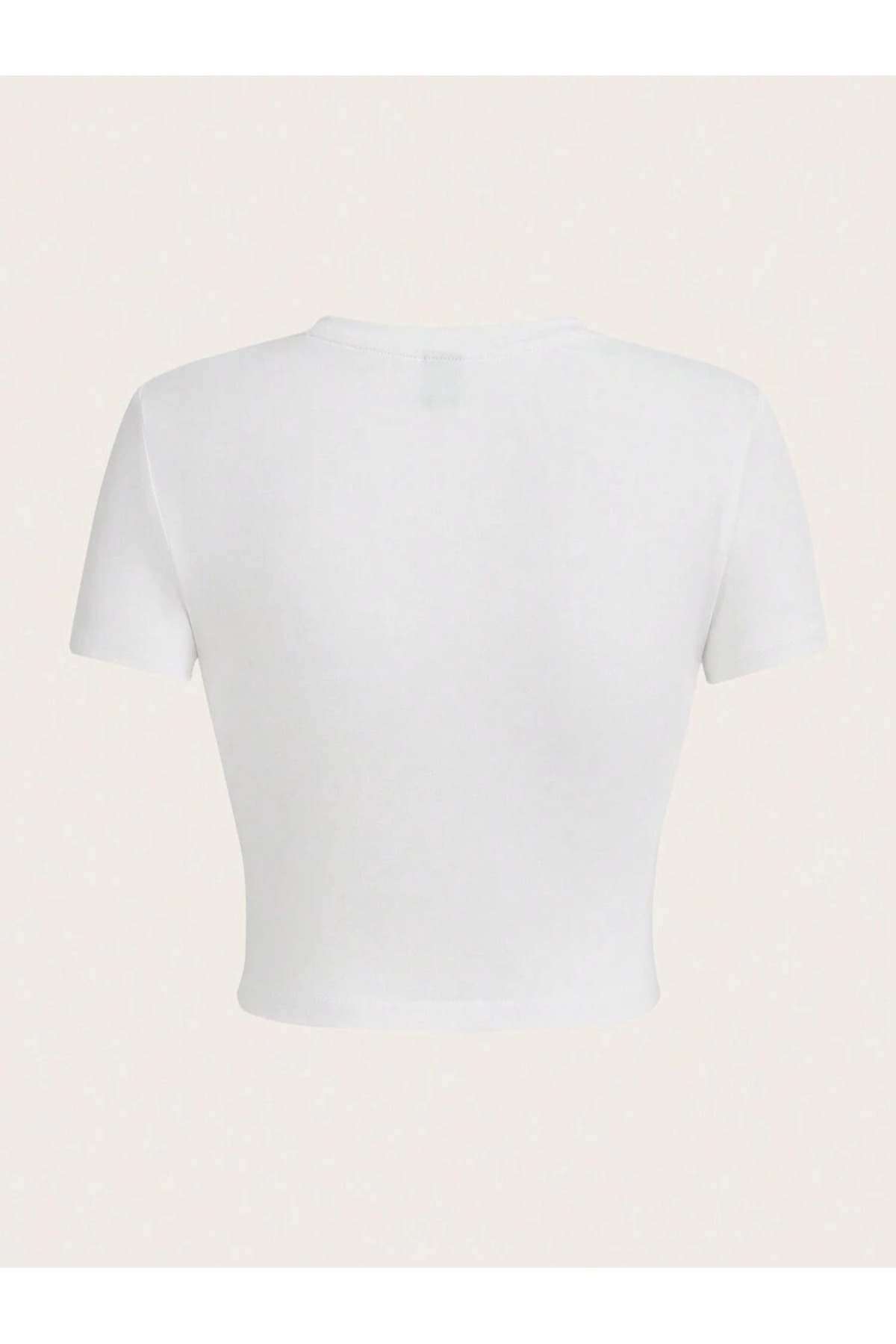 PALPİTO  Kadın Beyaz Kurdele Tavşan Baskılı Bisiklet Yaka Dar Crop Tshirt - Görsel 2