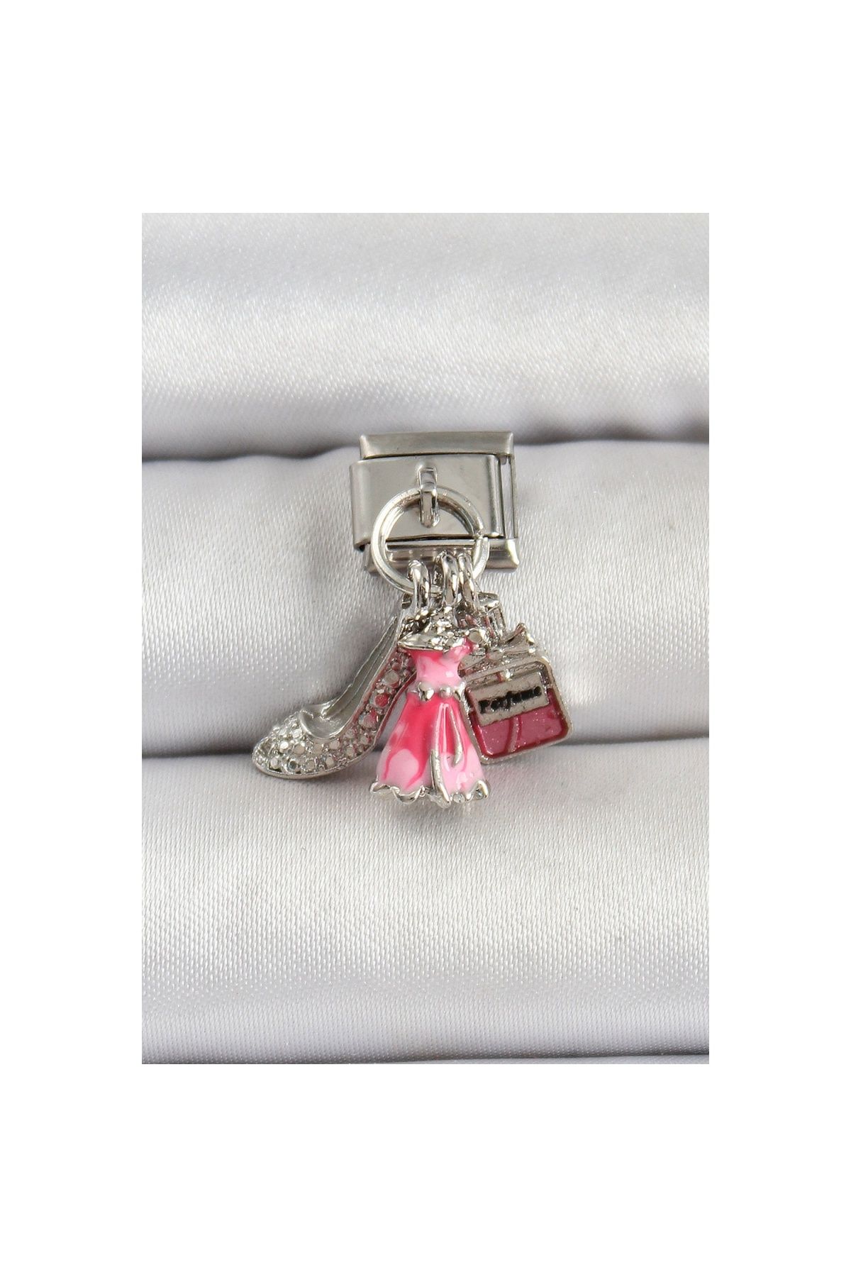 Ayder Timya 316l Çelik Gümüş Renk Pembe Elbise Kombini Model Nomination Charm - Tj-bc1502