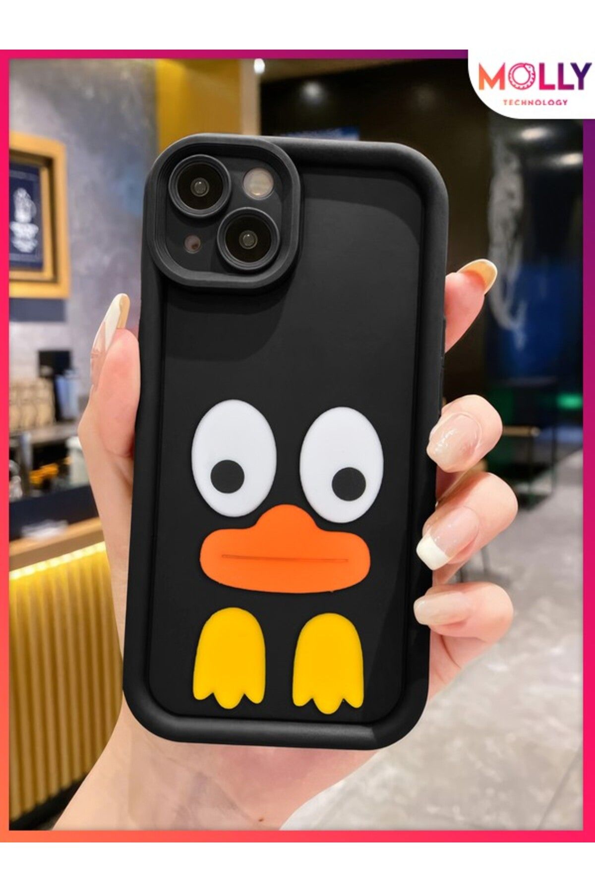 Molly iPhone 14 İçin Siyah Kenarları Kalın 3d Kabartmalı Cute Duck Silikon Kılıf