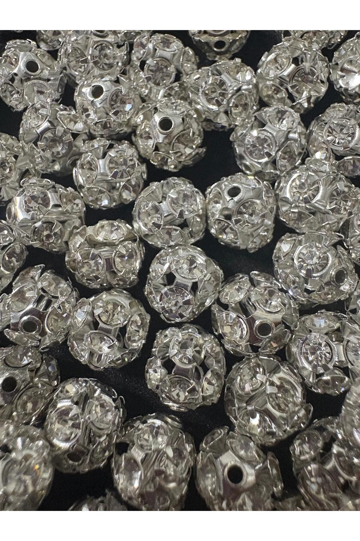 BEİLYS COSMETİCS & ACCESSORY 10 mm Zirkon Taşlı Gümüş Kasa Kristal Beyaz Taşlı Rondela (30 ADET)