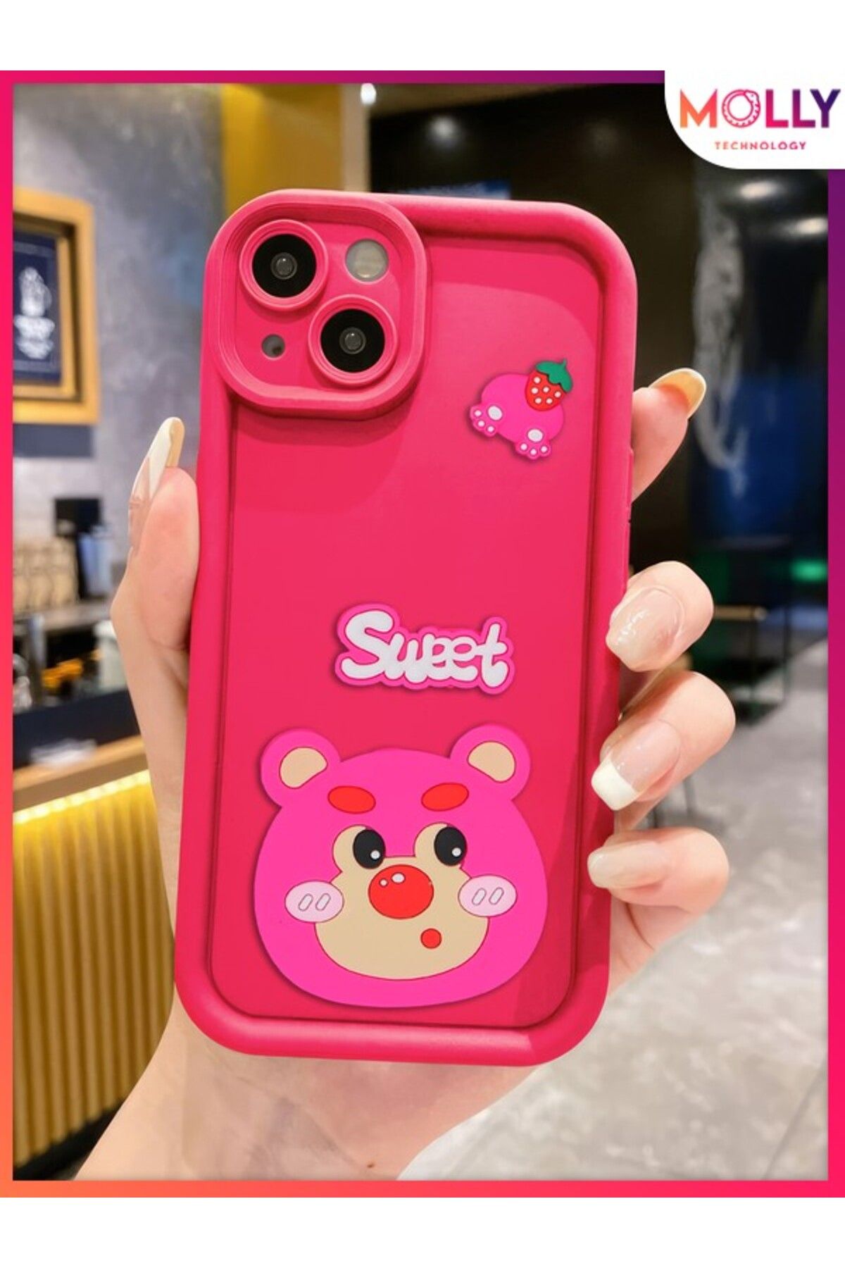 Molly iPhone 14 İçin Magenta Kenarları Kalın 3d Kabartmalı Çilek Ayı Silikon Kılıf
