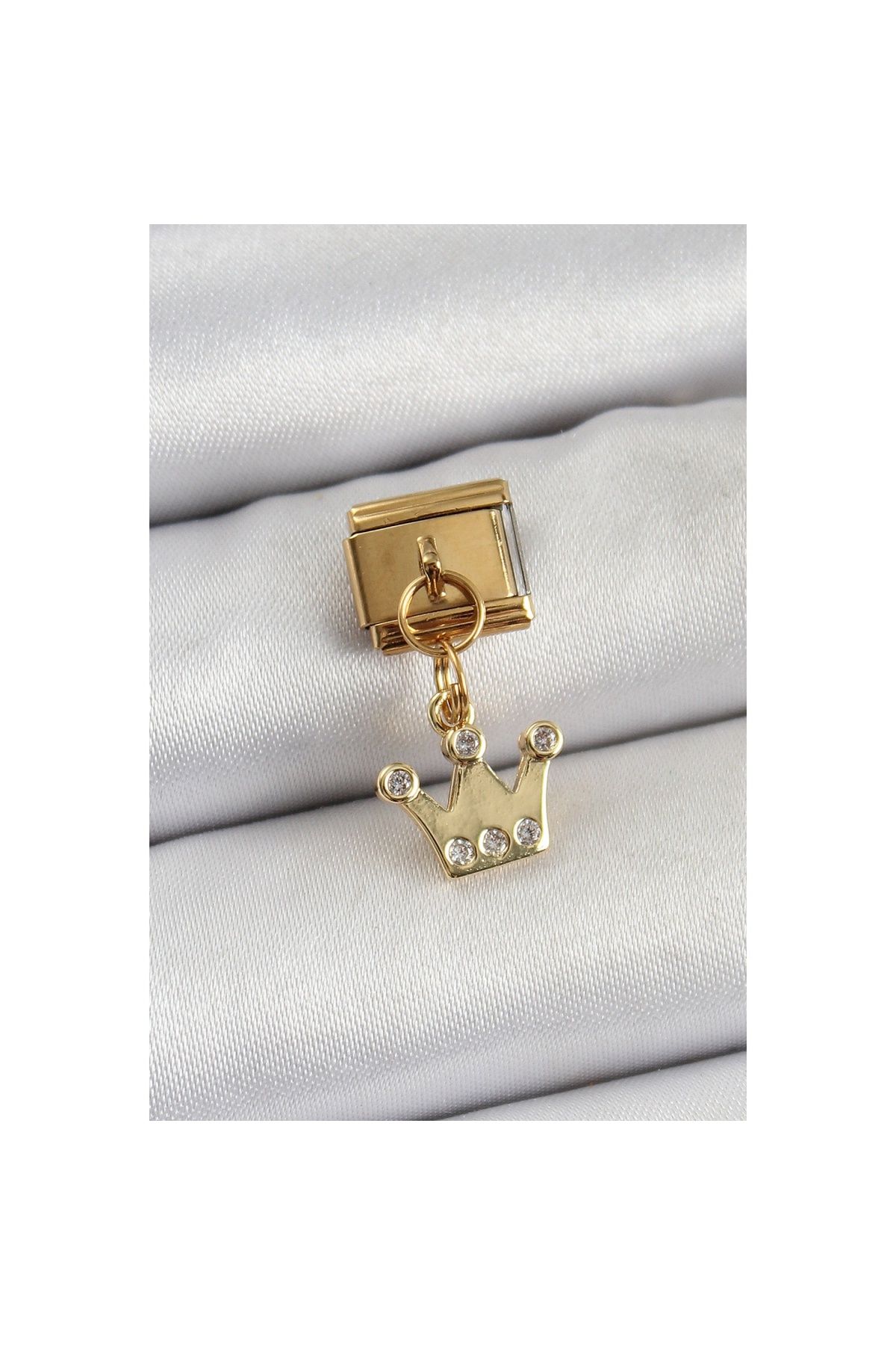 Ayder Timya 316l Çelik Sallantılı Zirkon Taşlı Kraliçe Tacı Model Gold Renk Nomination Charm - Tj-bc1397
