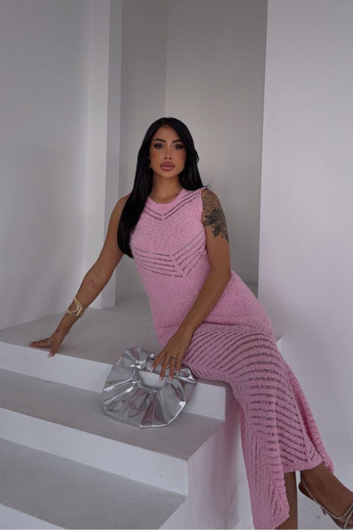 Noi Belis Maxi Boy Yırtmaç Detaylı Ajurlu/Delikli Yazlık Elbise SS25EL0035