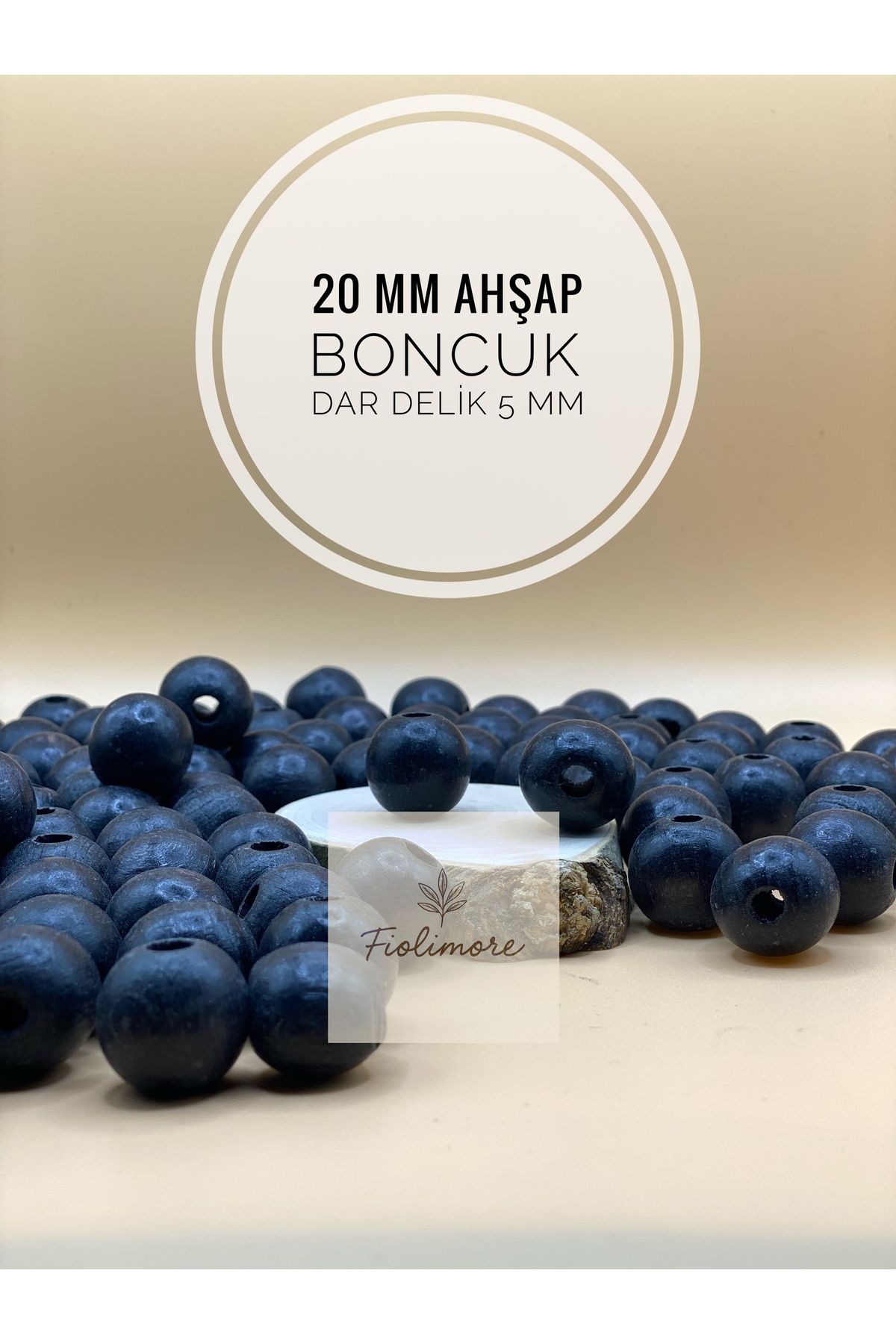 Fiolimore 20 mm Siyah Ahşap Boncuk (50 Gram 18 Adet) Delik Çapı 5 mm Yuvarlak Dar Delik Renkli Tahta