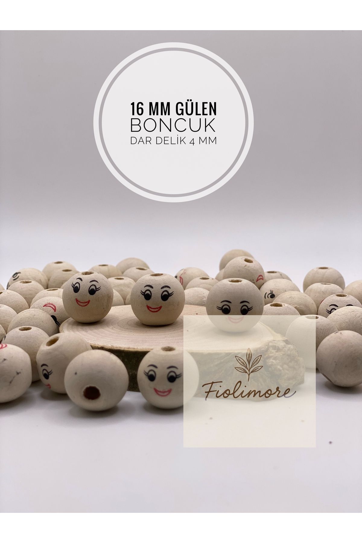 Fiolimore 16 mm Ahşap Boncuk Gülen Yüz (5 Adet) Dar Delik 4 mm Ham Tahta Anahtarlık Aksesuar