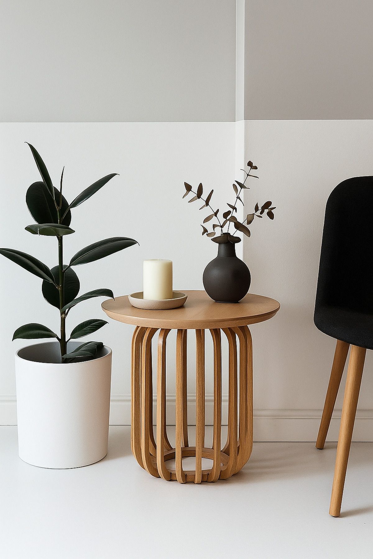 Onouqo Palermo Yuvarlak Modern Klasik Rustik Retro Vintage Naturel Dekoratif Ahşap Çıtalı Yan Mantar Sehpa