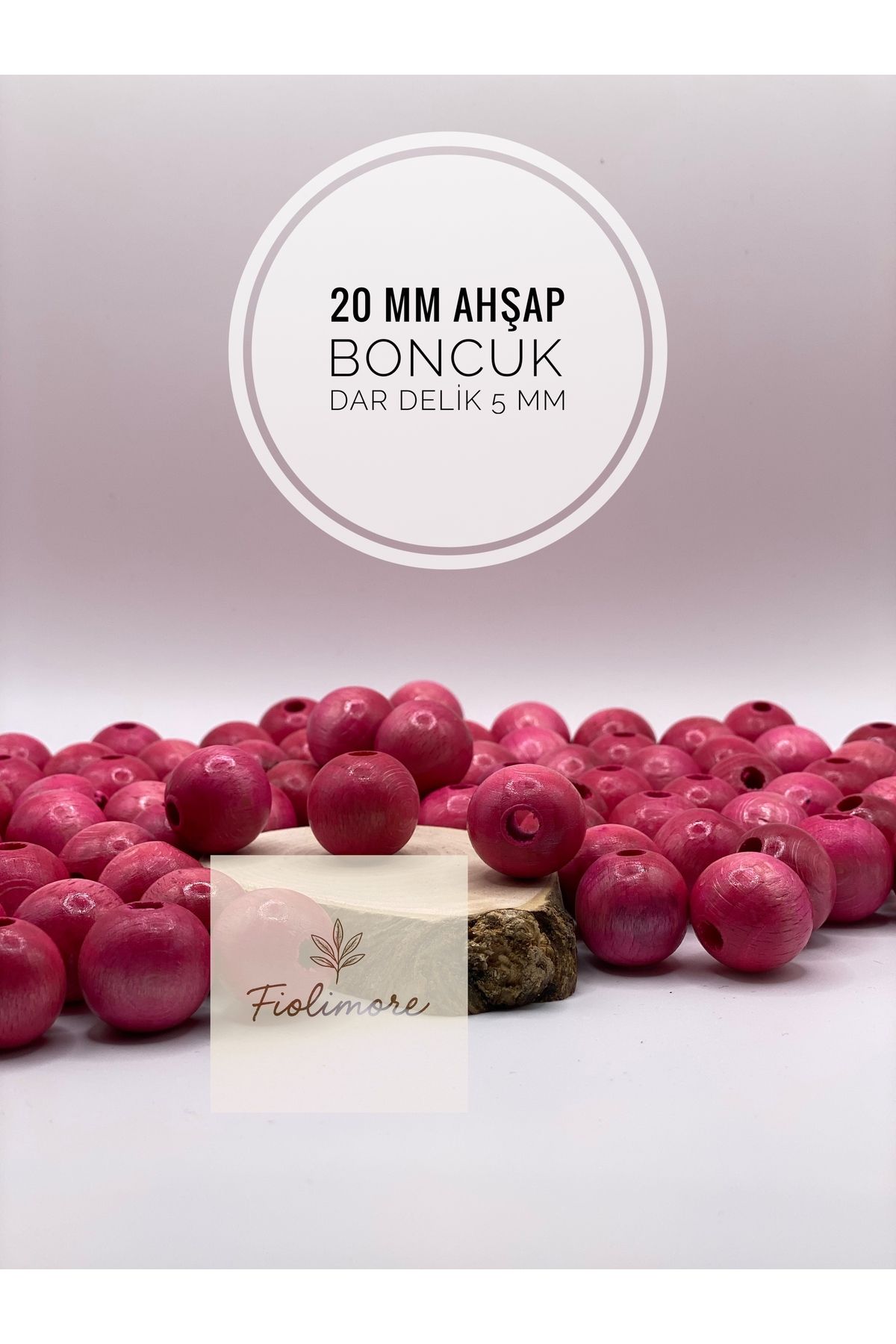 Fiolimore 20 mm Pembe Ahşap Boncuk (50 Gram 18 Adet) Delik Çapı 5 mm Yuvarlak Dar Delik Renkli Tahta