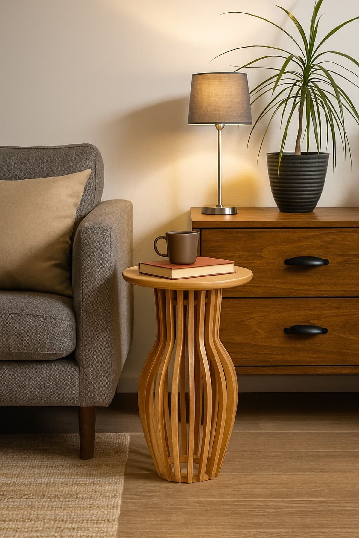 Onouqo Palermo Yuvarlak Modern Klasik Rustik Retro Vintage Naturel Dekoratif Ahşap Çıtalı Yan Mantar Sehpa