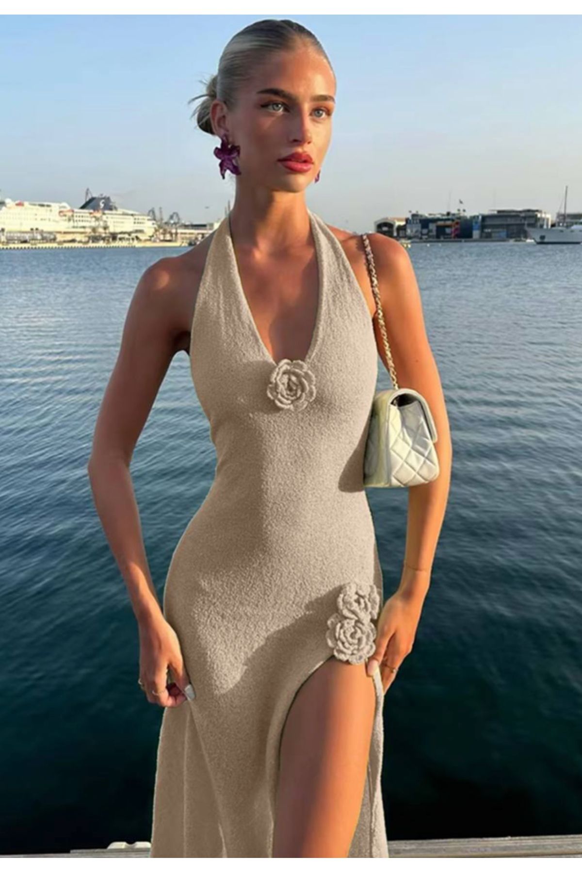 Miss Yeni sezon kadın dekolteli yırtmaçlı uzun elbise