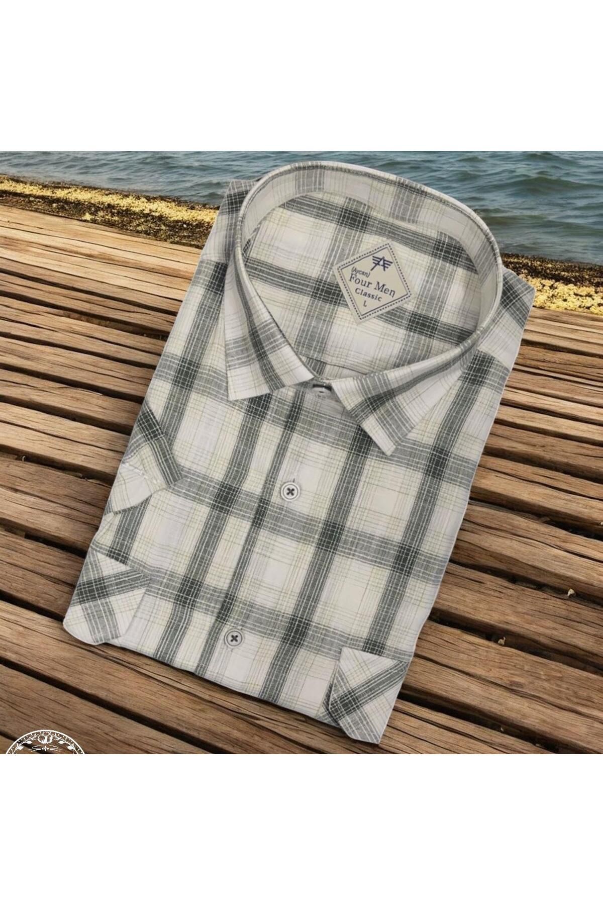 EREN STYLE Linen Keten Klasik Kısa Kollu İki Cepli Kapaklı Baba Gömleği (Regular Kalıp)