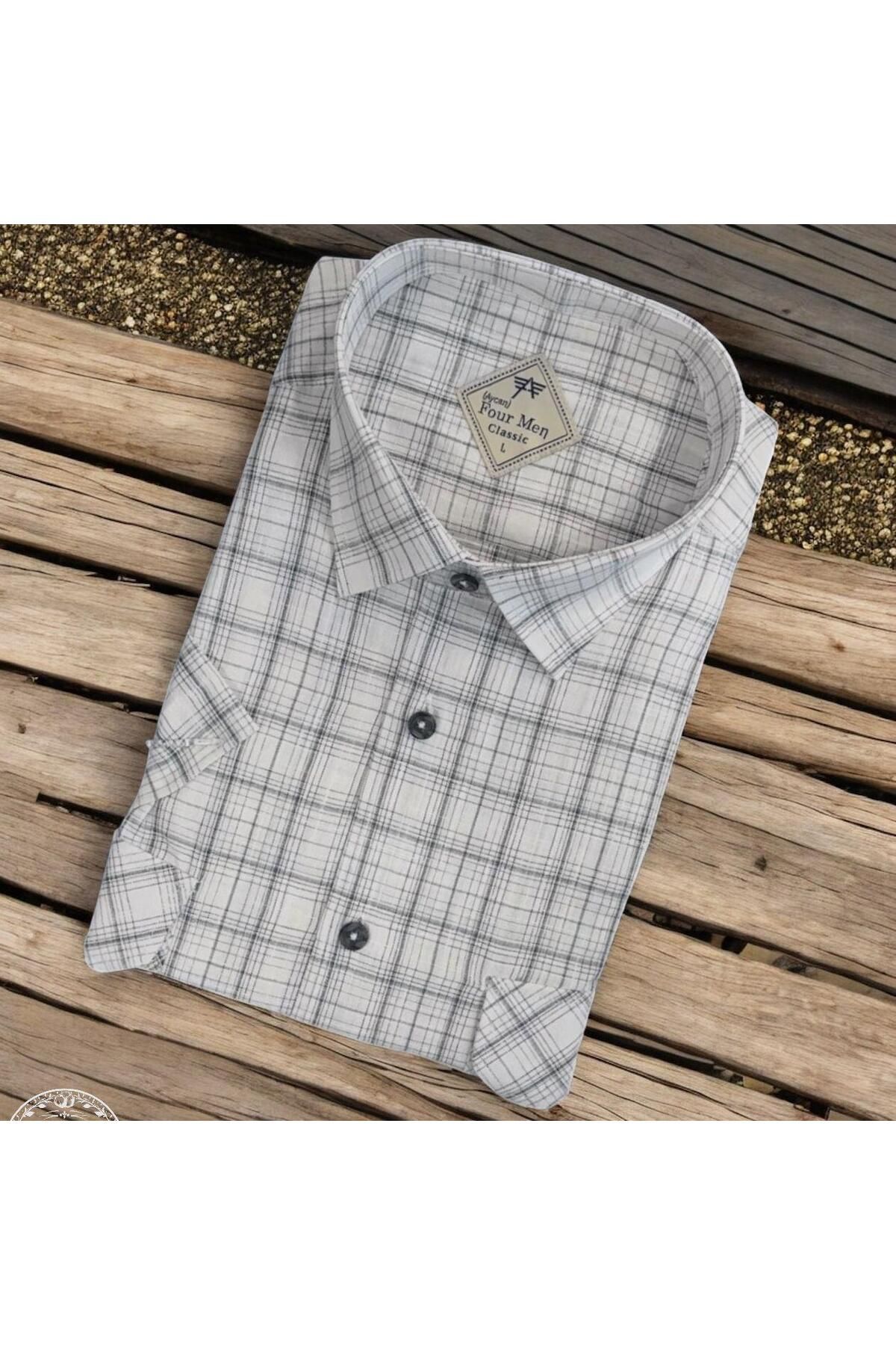 EREN STYLE Linen Keten Klasik Kısa Kollu İki Cepli Kapaklı Beyaz Baba Gömleği (Regular Kalıp)