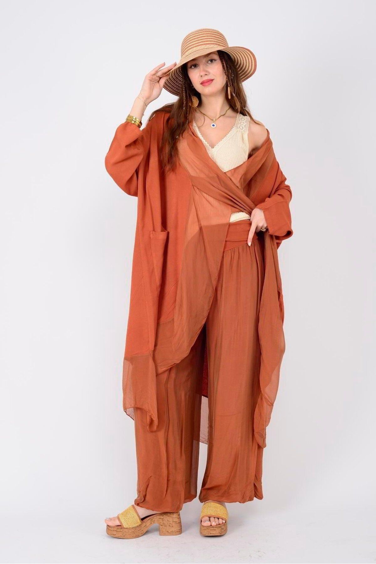 EREN STYLE Italyan Ipek Detaylı Oversize Kap Bluz- Wes Pantolon Takım
