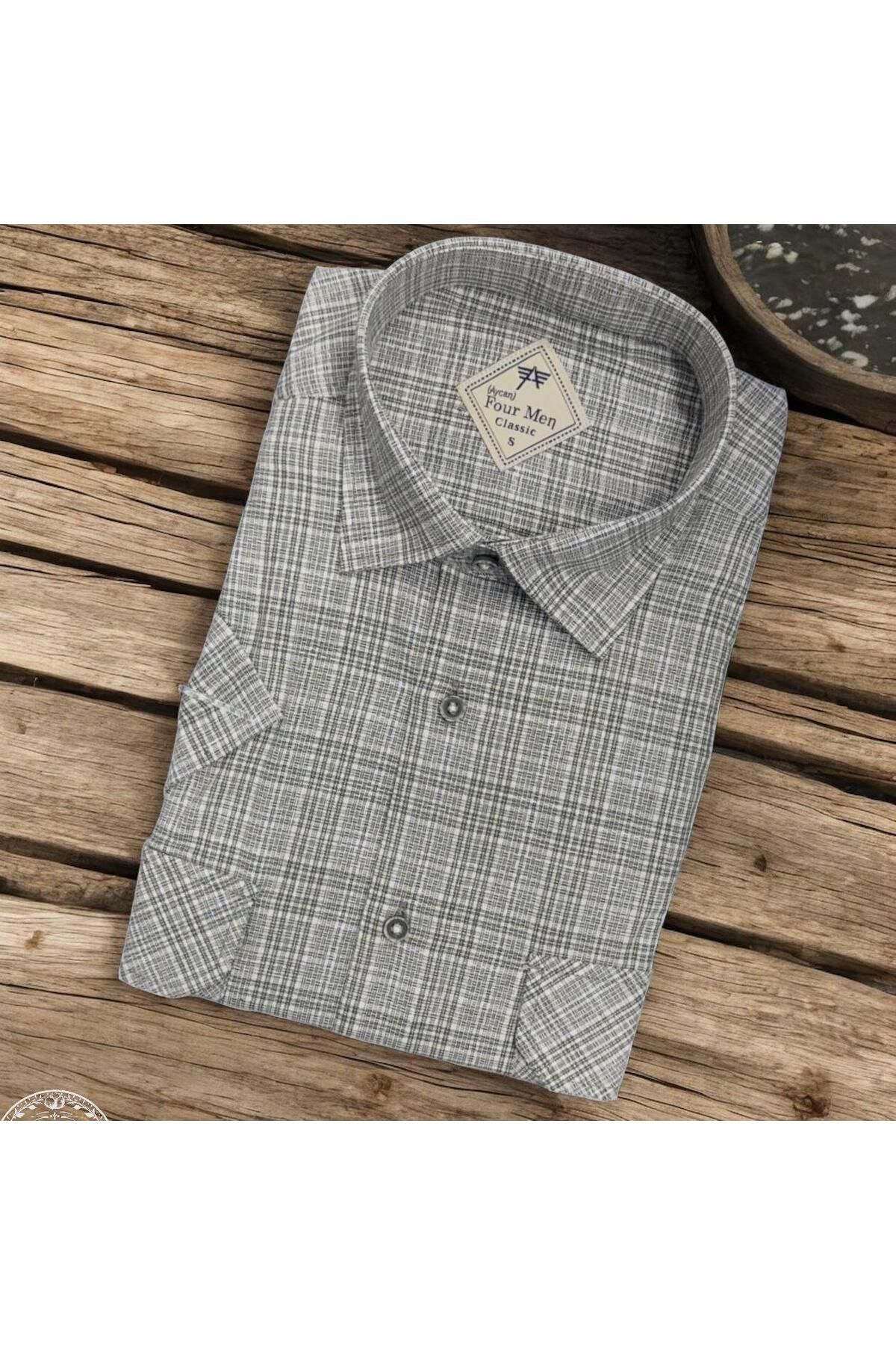 EREN STYLE Linen Keten Klasik Kısa Kollu İki Cepli Kapaklı Bej Baba Gömleği (Regular Kalıp)