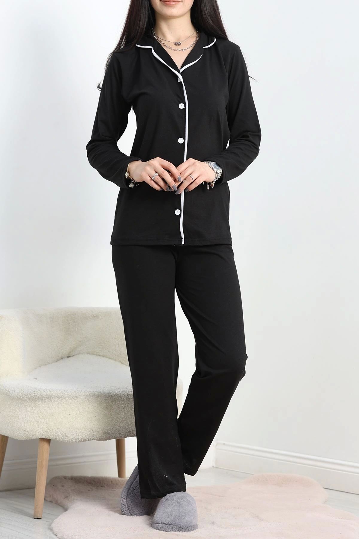 OurStyles Biyeli Viskon Düğmeli Pijama Takımı Siyah - 50580.1950.