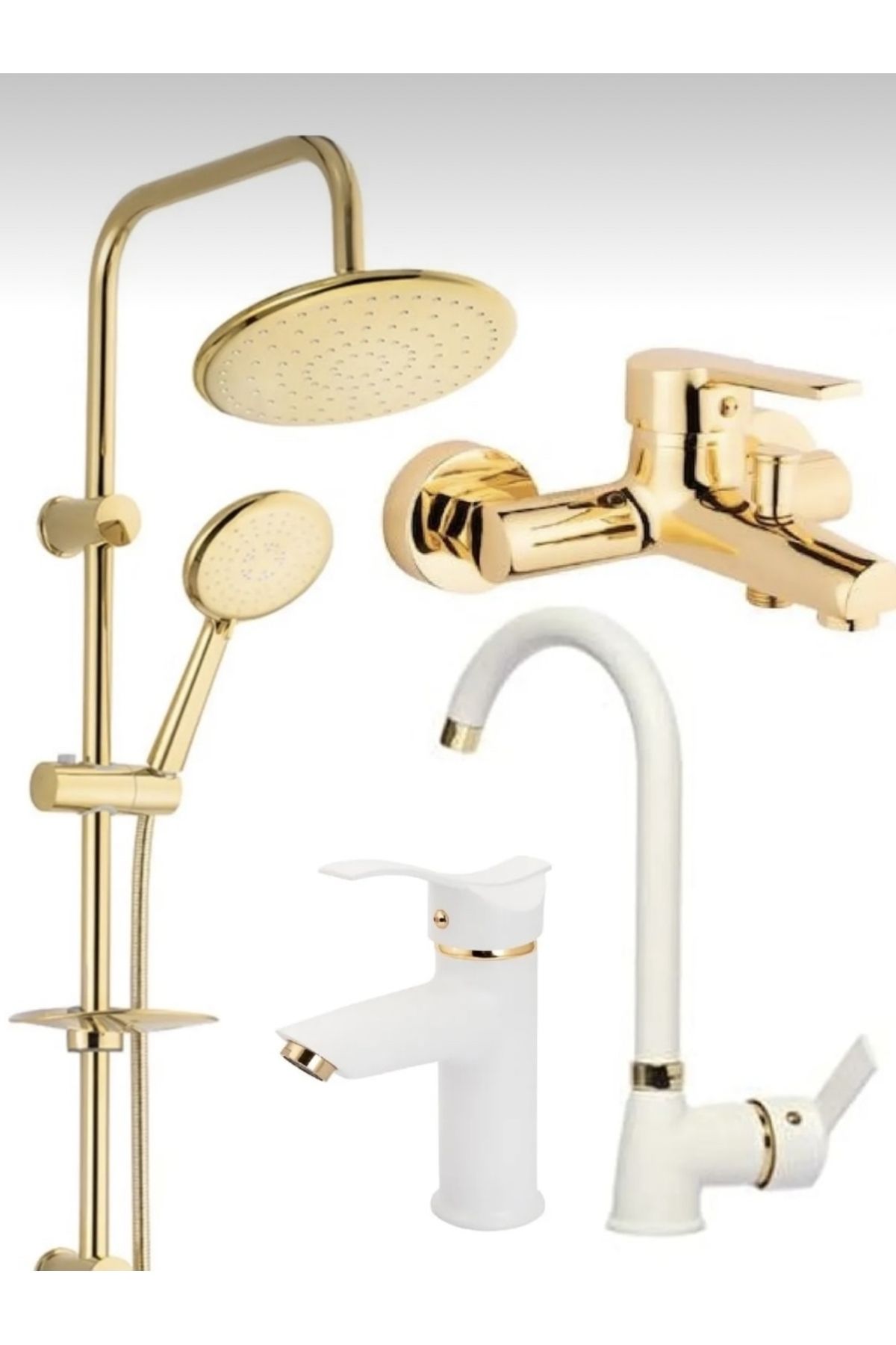 BDL ARMATÜR KCA GOLD ROBOT DUŞ, BANYO, BEYAZ GOLD KARTAL LAVABO, MUTFAK BATARYASI MUSLUĞU ÇEŞMESİ 4’LÜ SET