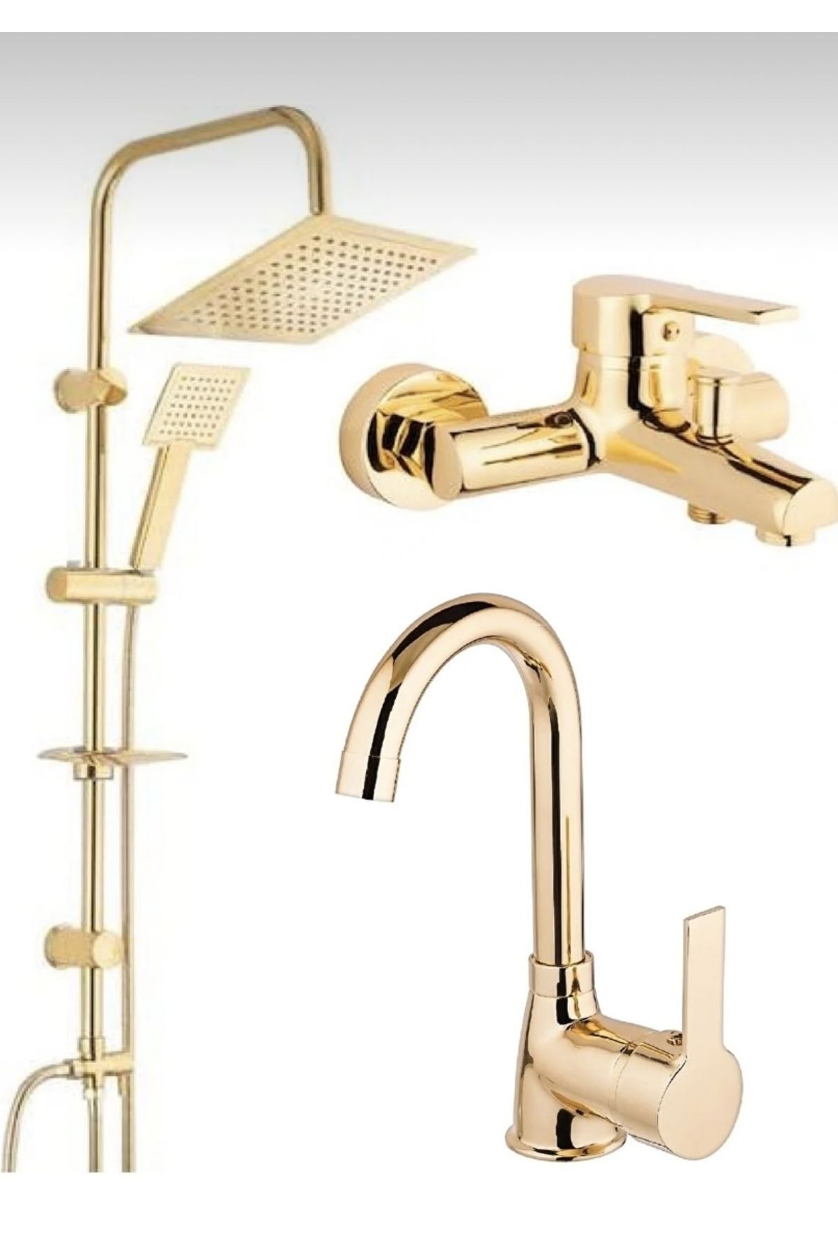 BDL ARMATÜR KCA GOLD ALTIN KARE ROBOT DUŞ SETİ, LAVABO VE BANYO BATARYASI MUSLUĞU ÇEŞMESİ 3’LÜ SET