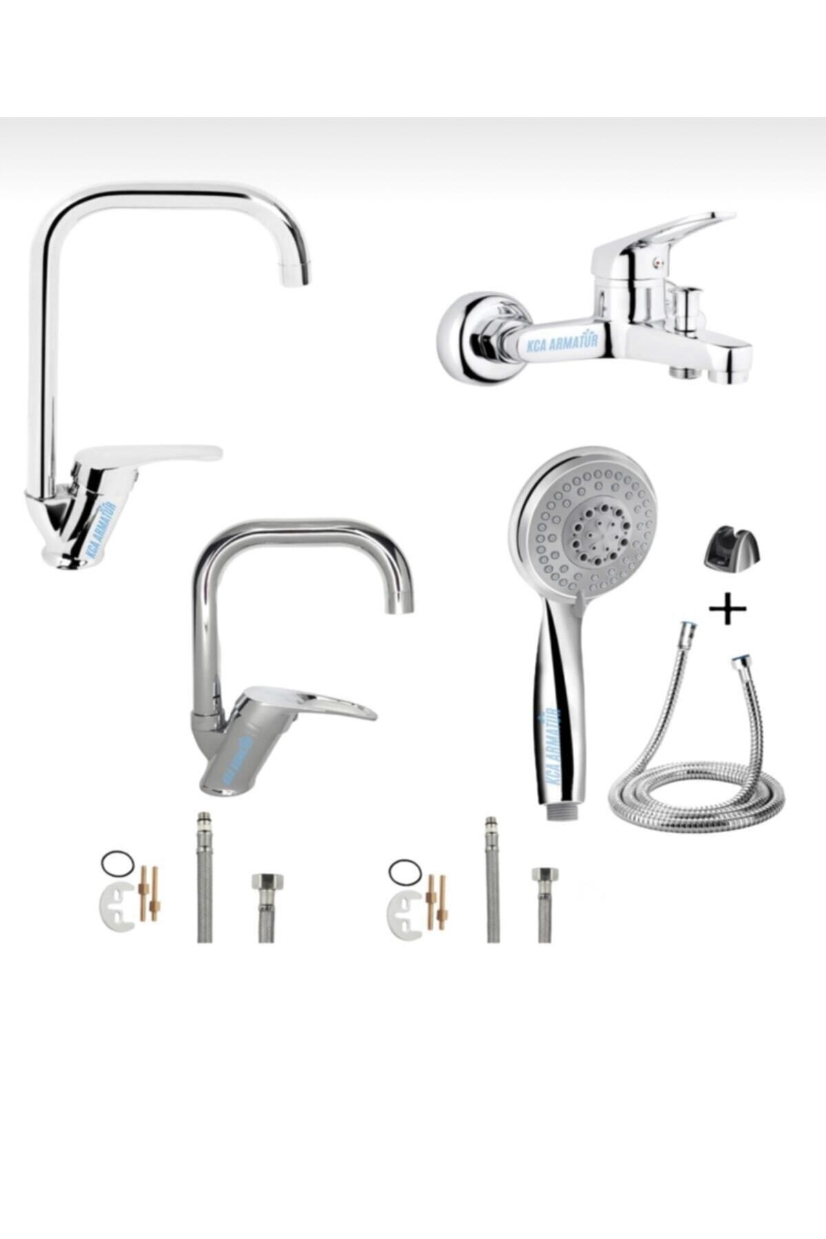BDL ARMATÜR Köşe Borulu Mutfak Lavabo Banyo Bataryası Musluğu Duş Başlığı 4’lü Full Set