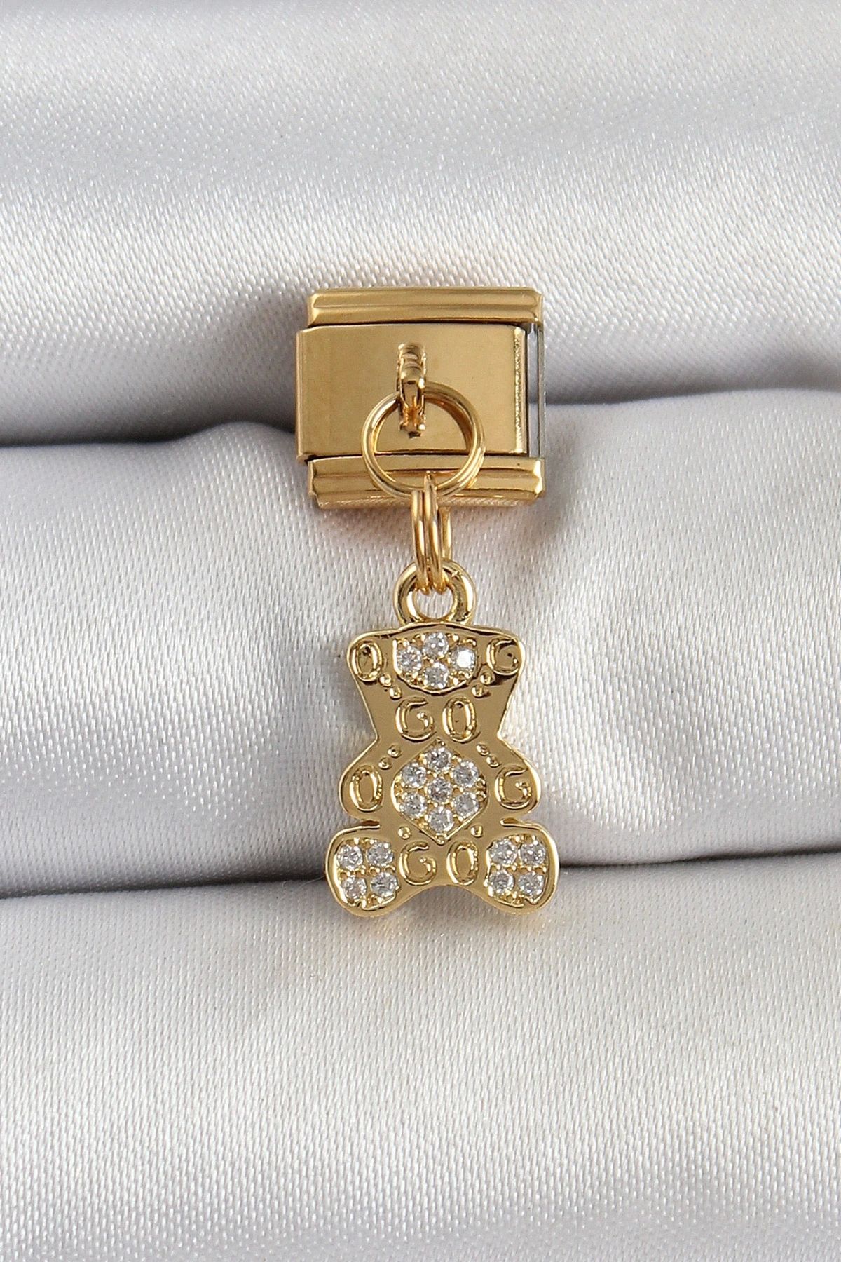 OurStyles 316L Çelik Sallantılı Zirkon Taşlı Ayıcık Model Gold Renk Nomination Charm - TJ-BC1413