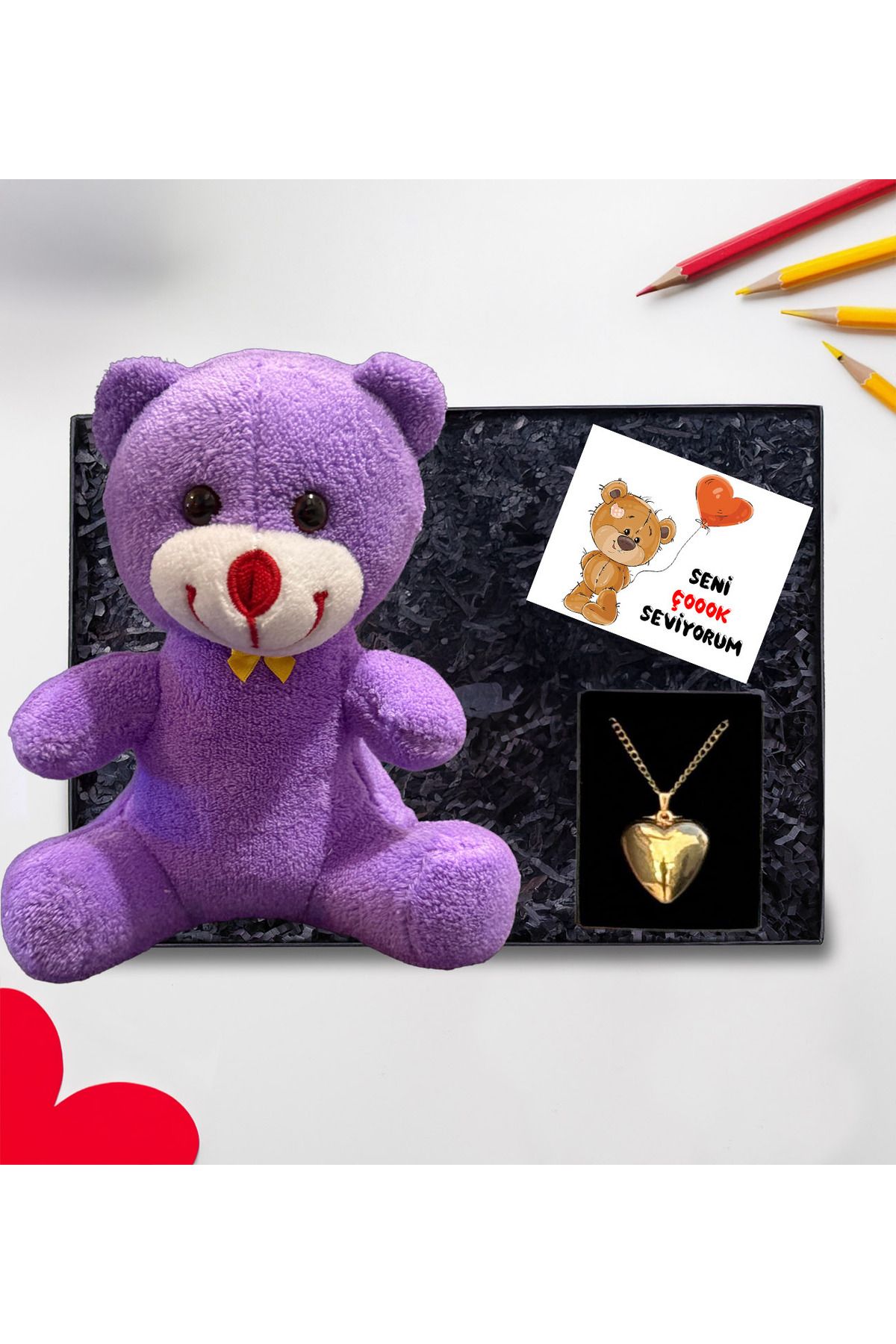 lenostra Hediye Kutusunda 25cm Mor Ayıcık ve Çelik Kalp Kolye Sevgiliye Hediye Romantik Hediye