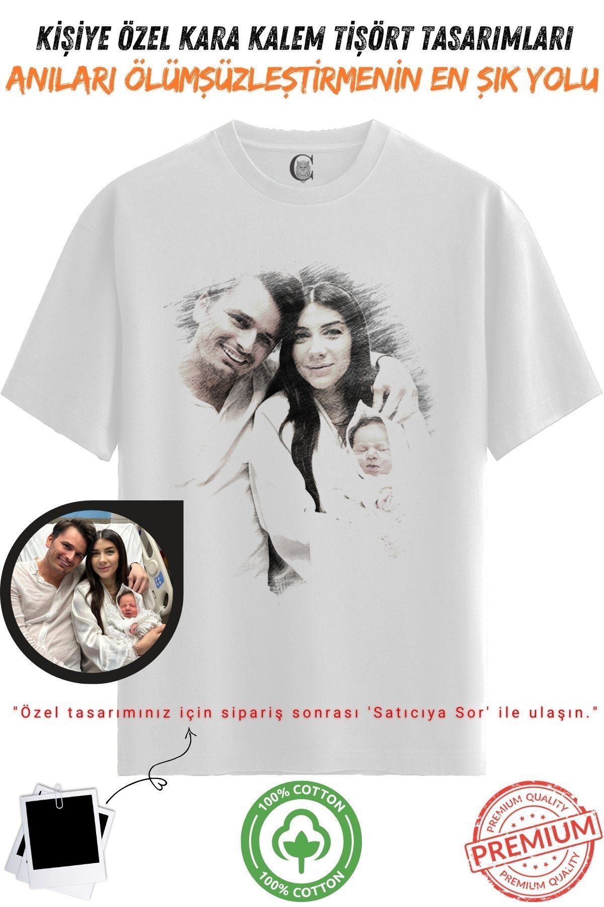 Color Luxe Kişiye Özel Karakalem Tişört | Fotoğraftan Baskı | Aile Evcil Hayvan Tasarım | %100 Pamuk Unisex v9
