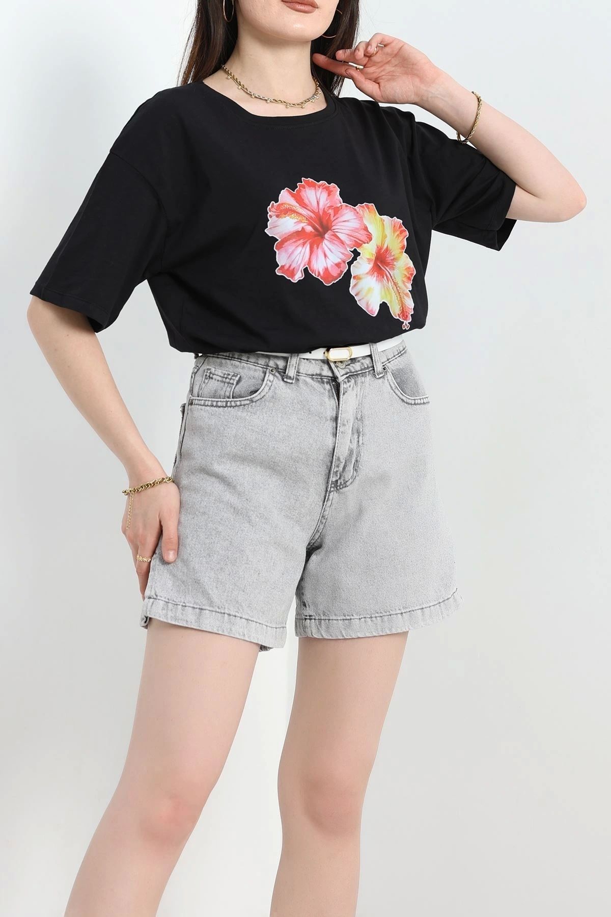 OurStyles Lüx Penye Dijital Baskılı Oversize Tişört Siyah - 30530.1878.