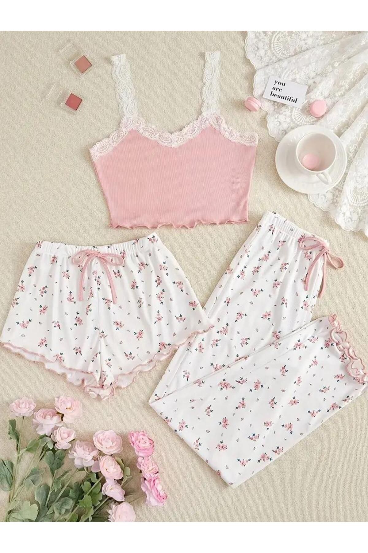 Kelebeklingerie 3 Parça Pamuklu Sabahlık Ve Pijama Takımı